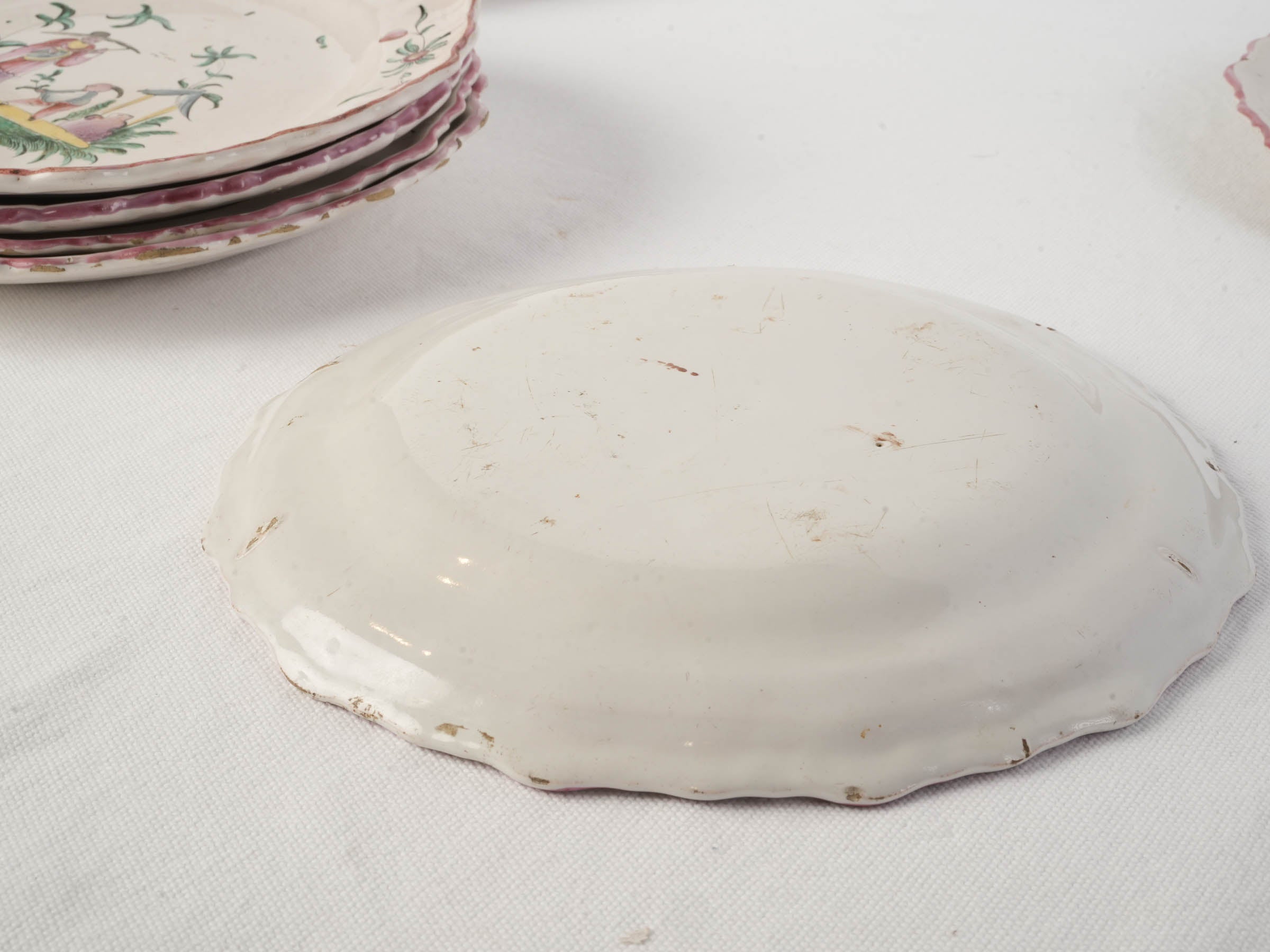 Set of Seven 18th Century Moustiers Faience Plates w/ Chinoiserie Deco