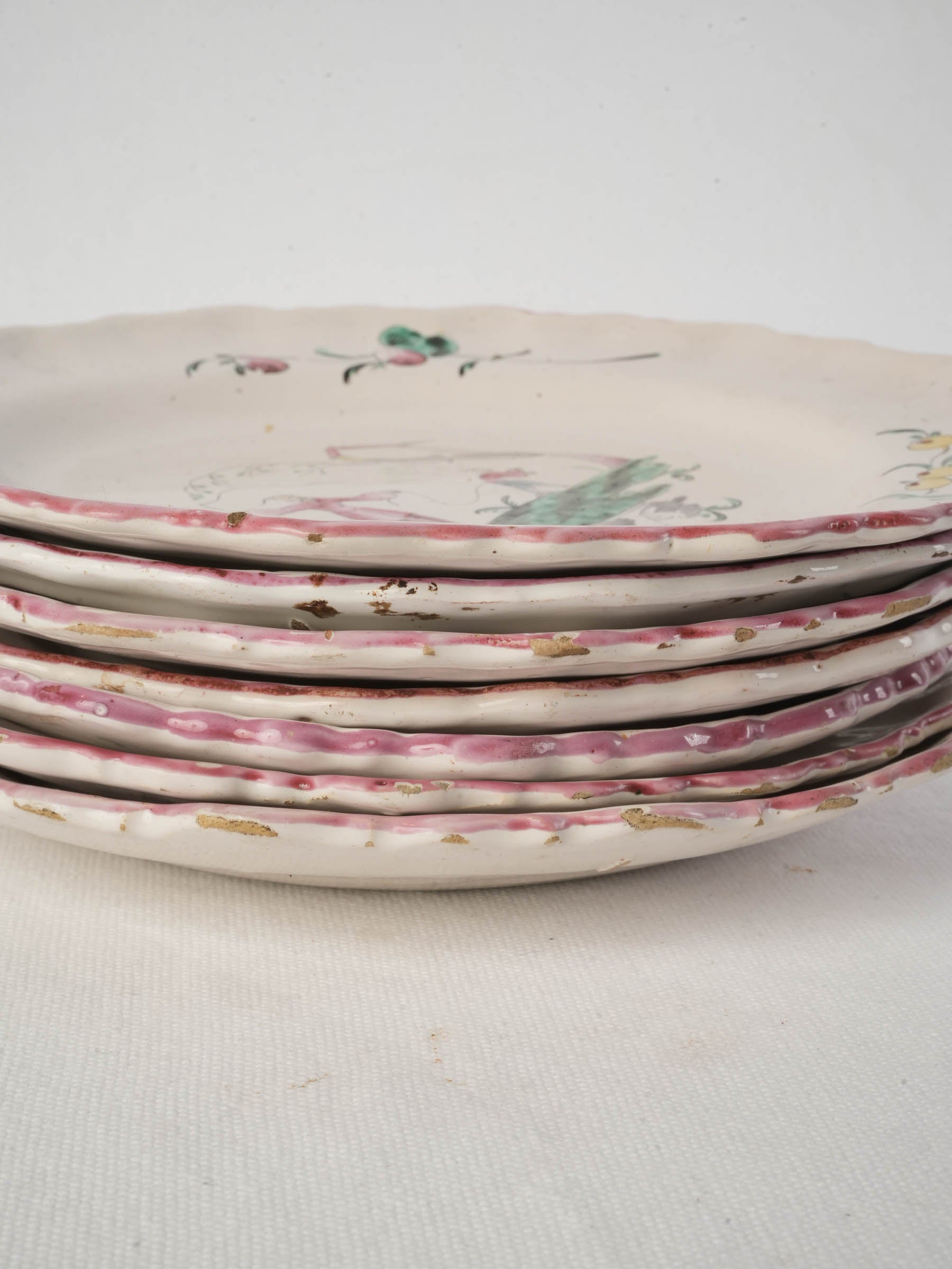 Set of Seven 18th Century Moustiers Faience Plates w/ Chinoiserie Decor - 9¾"