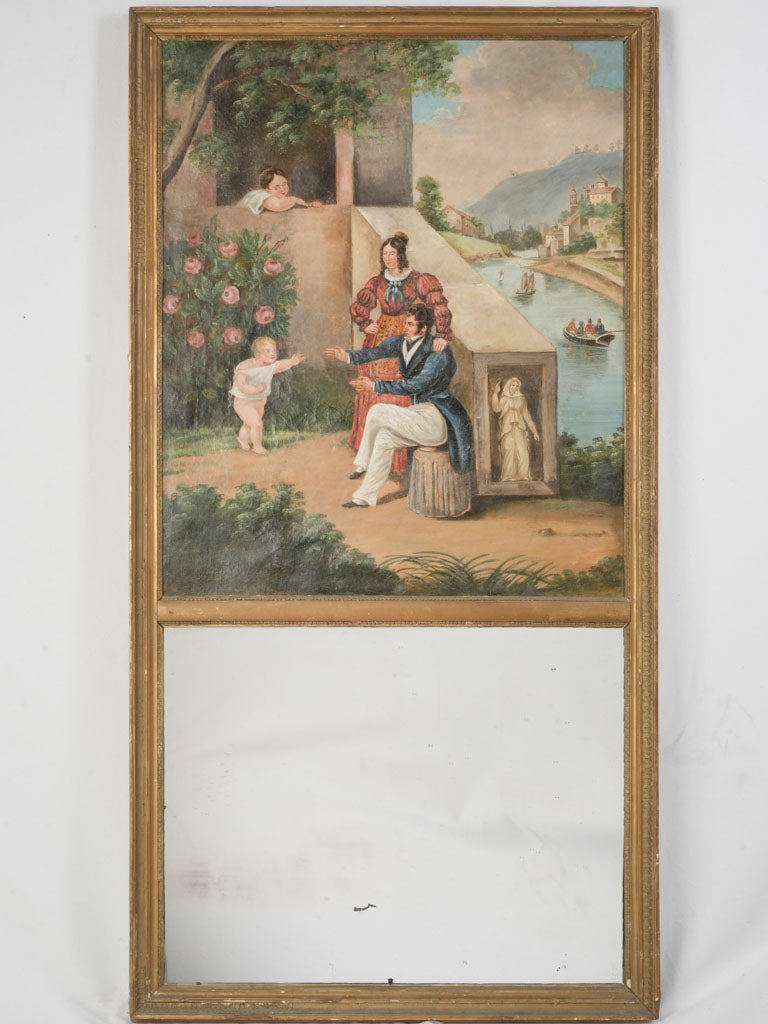 19th Century French Trumeau Mirror w /Charming Painted Family Scene - 50½" x 26½"