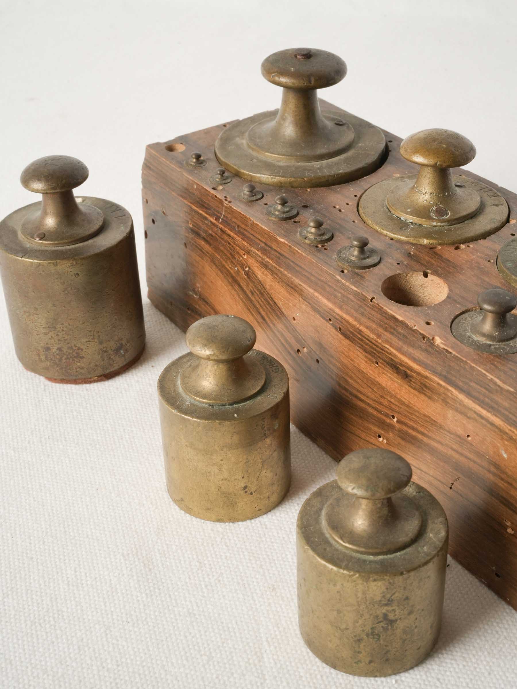 Antique French Brass Weights Set in Wooden Block