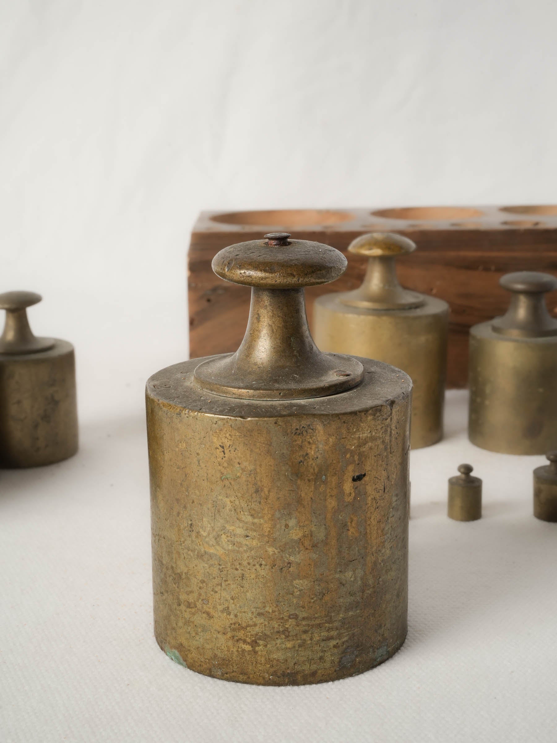 Antique French Brass Weights Set in Wooden Block