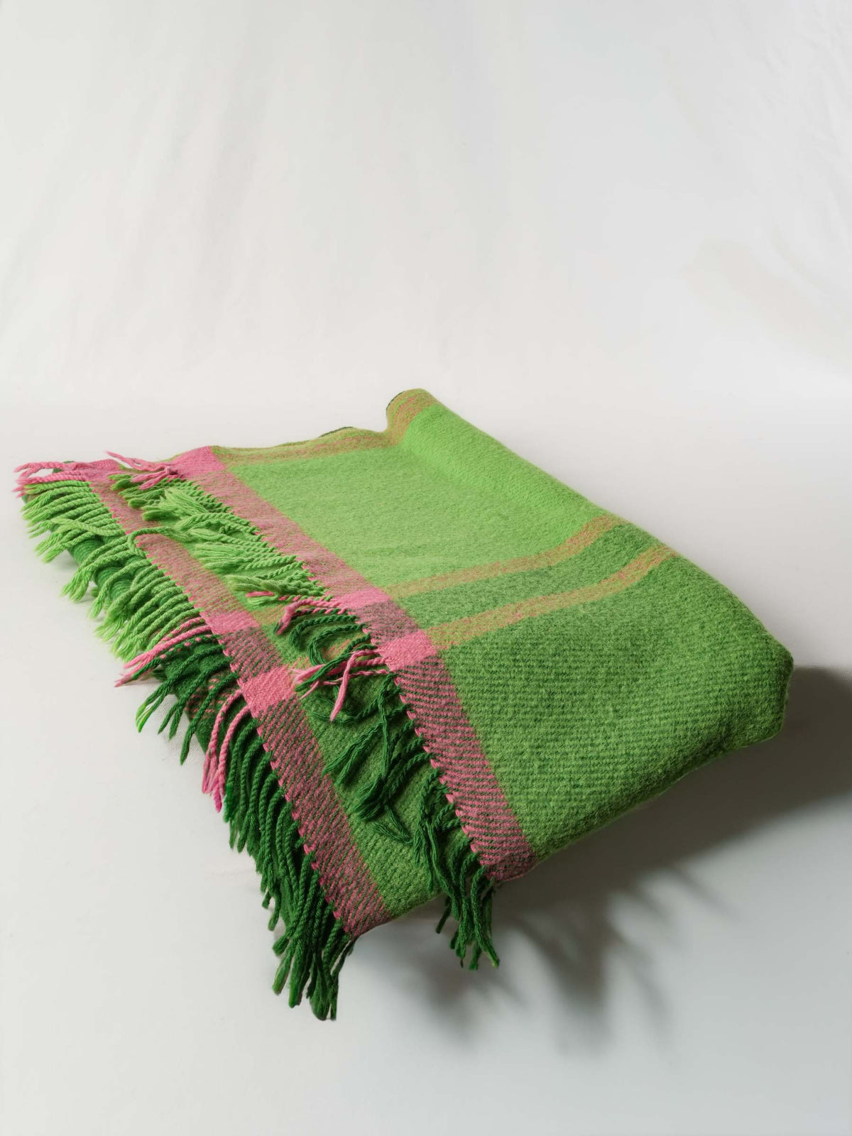 Pair of Vintage Swiss Wool Blankets Green Check and Heathered Gray
