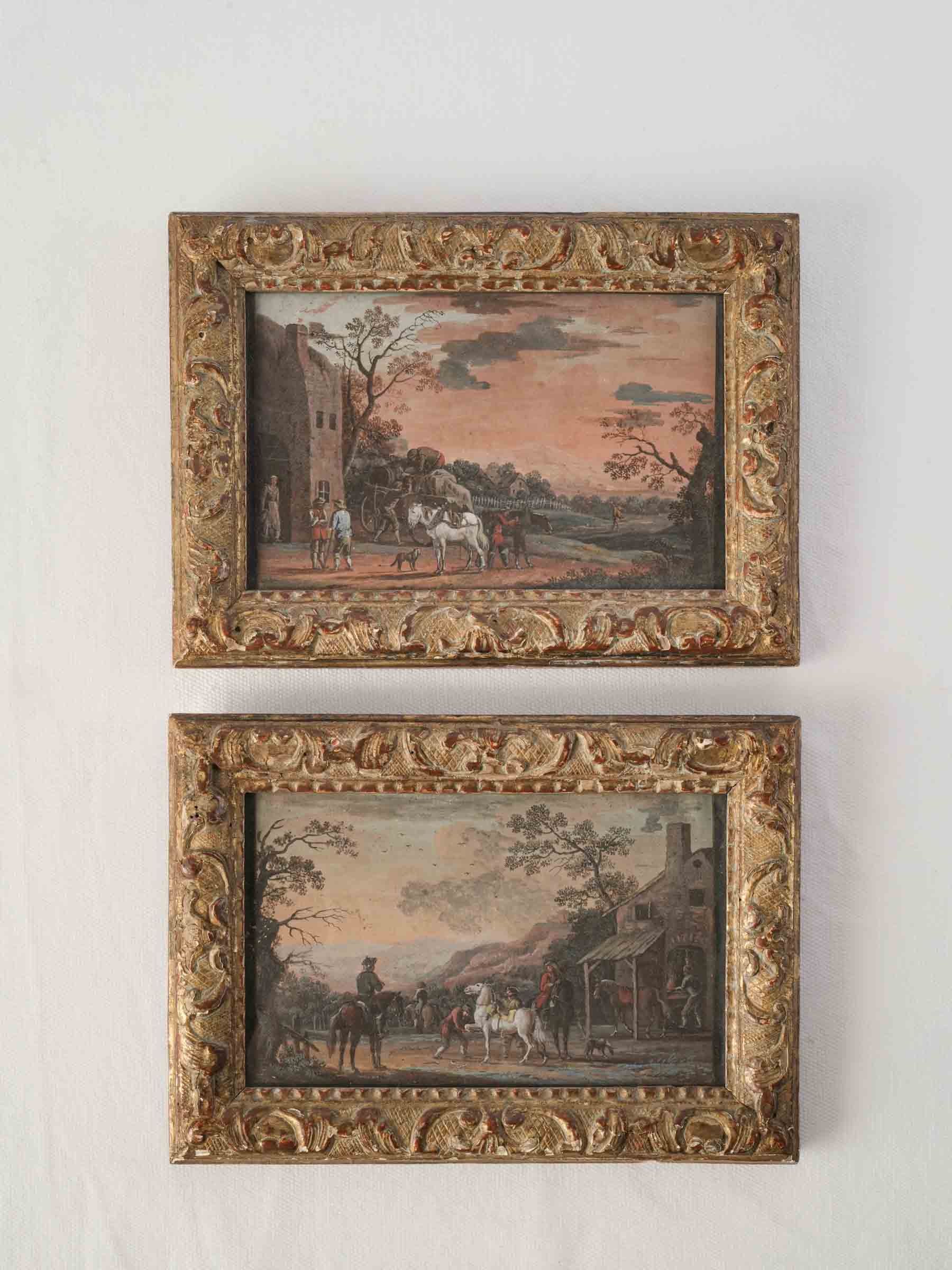 Pair of Atmospheric Petite Equestrian Gouaches in Giltwood Frames, 18th Century - 6¼" x 9"