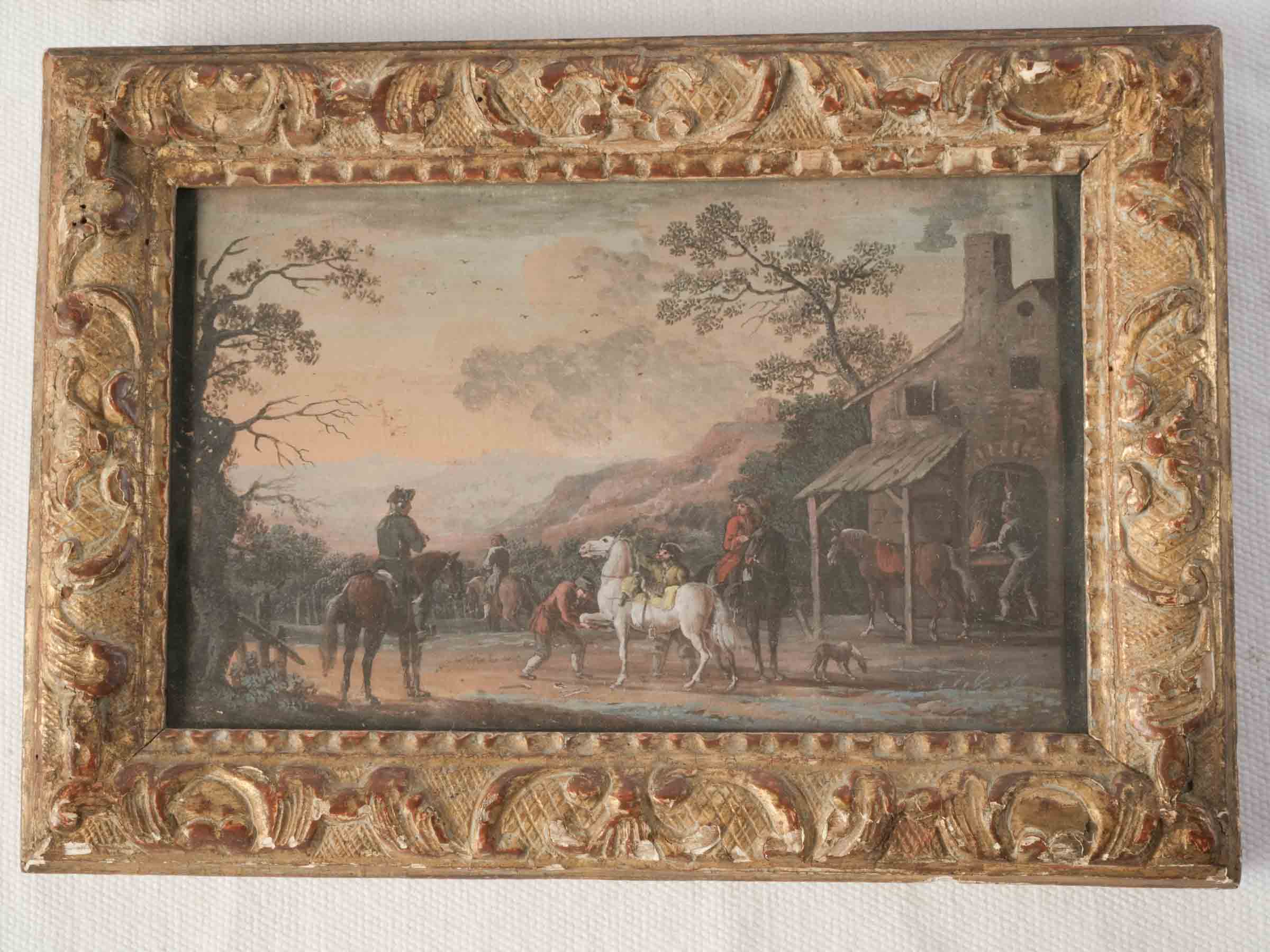 Pair of Atmospheric Petite Equestrian Gouaches in Giltwood Frames, 18th Century - 6¼" x 9"