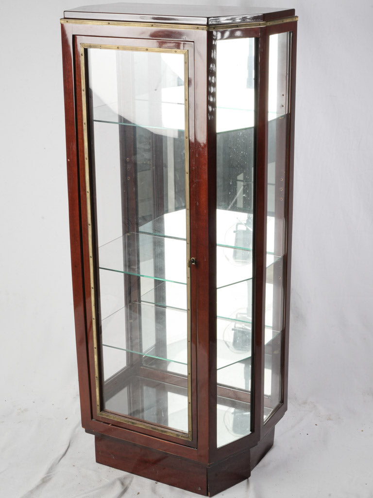 Elegant Art Deco Faceted Vitrine in Mahogany w/ Brass Accents - 55"