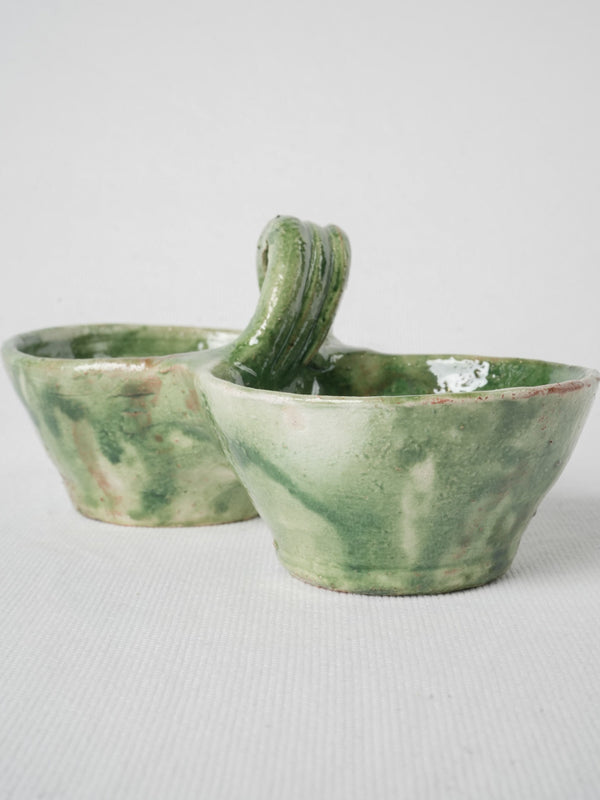 Handmade, vibrant, green-glazed twin bowl