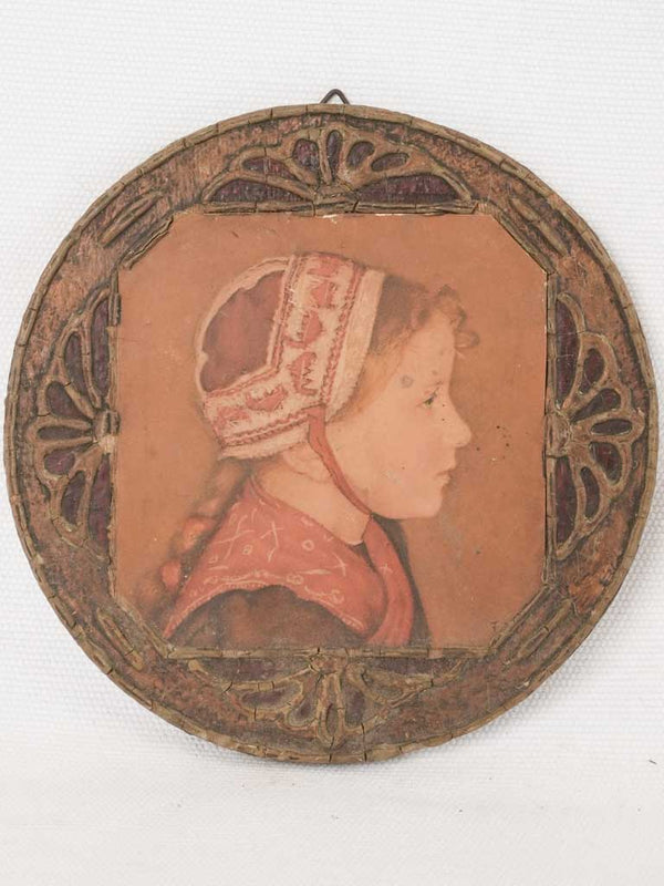 Antique timber-backed miniature portrait print