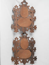 Aged English mahogany mirrored wall shelves