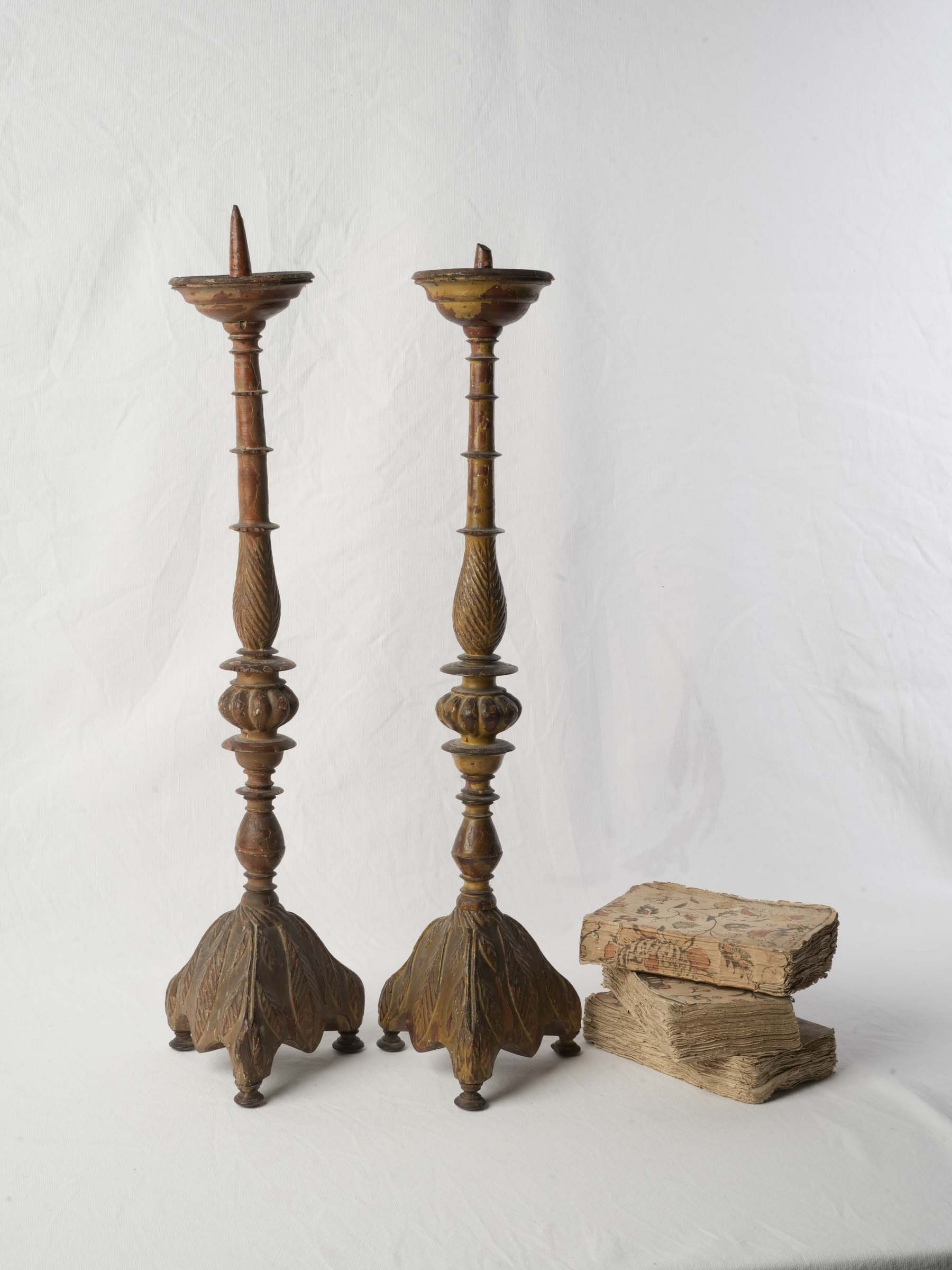Pair of Tall Antique Painted Wood Pricket Candlesticks - 27¼"