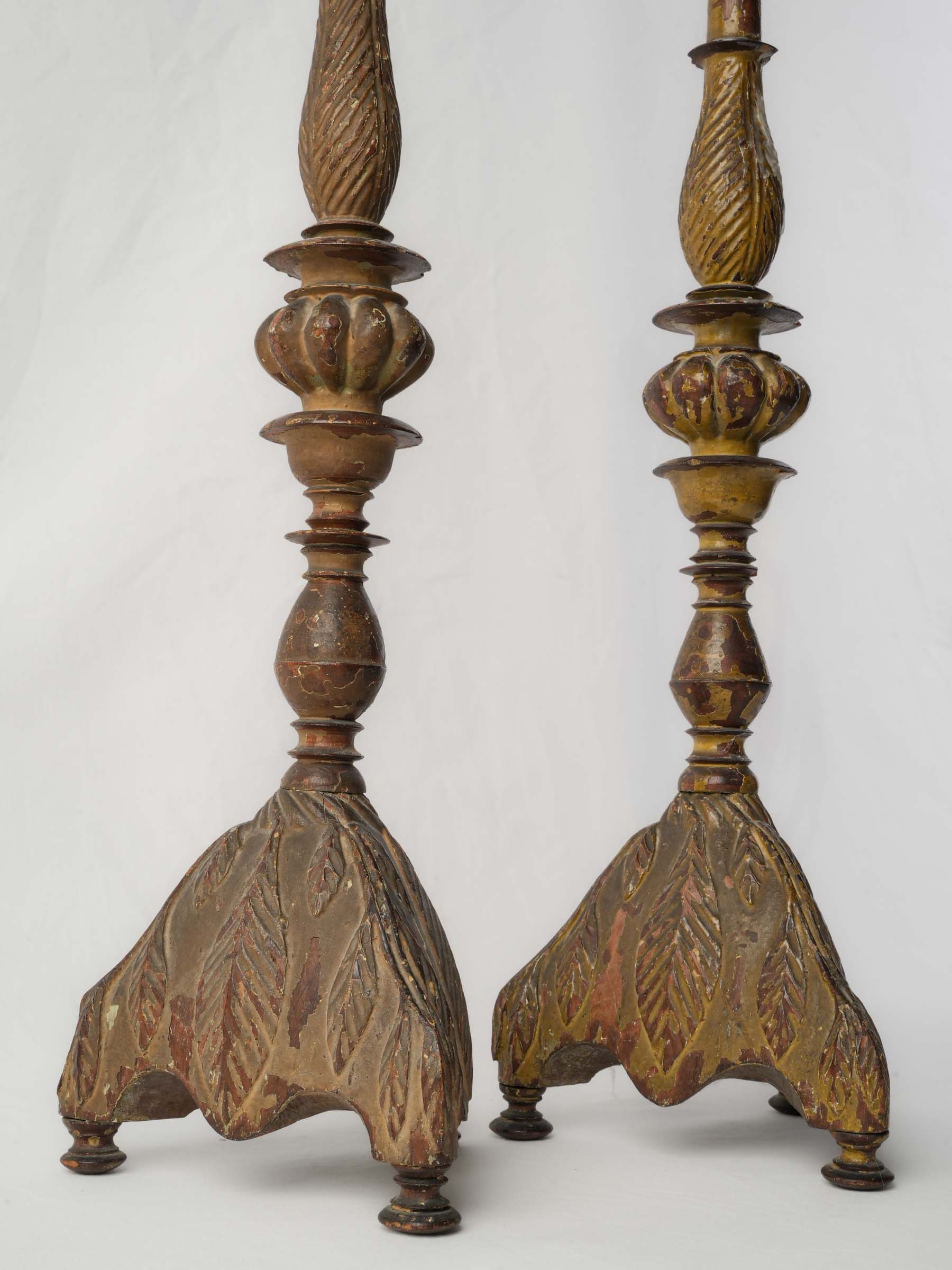 Pair of Tall Antique Painted Wood Pricket Candlesticks - 27¼"