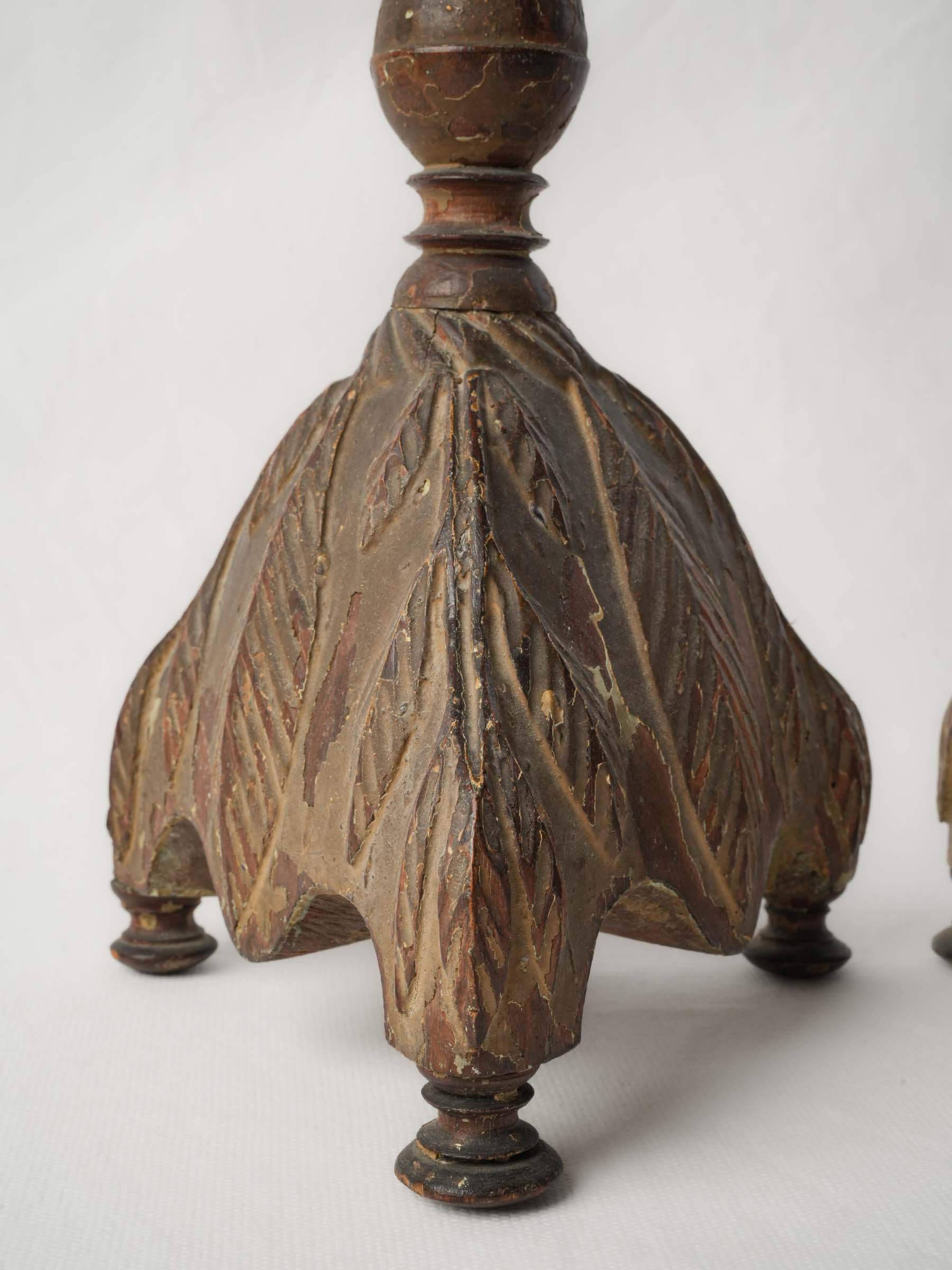 Pair of Tall Antique Painted Wood Pricket Candlesticks - 27¼"