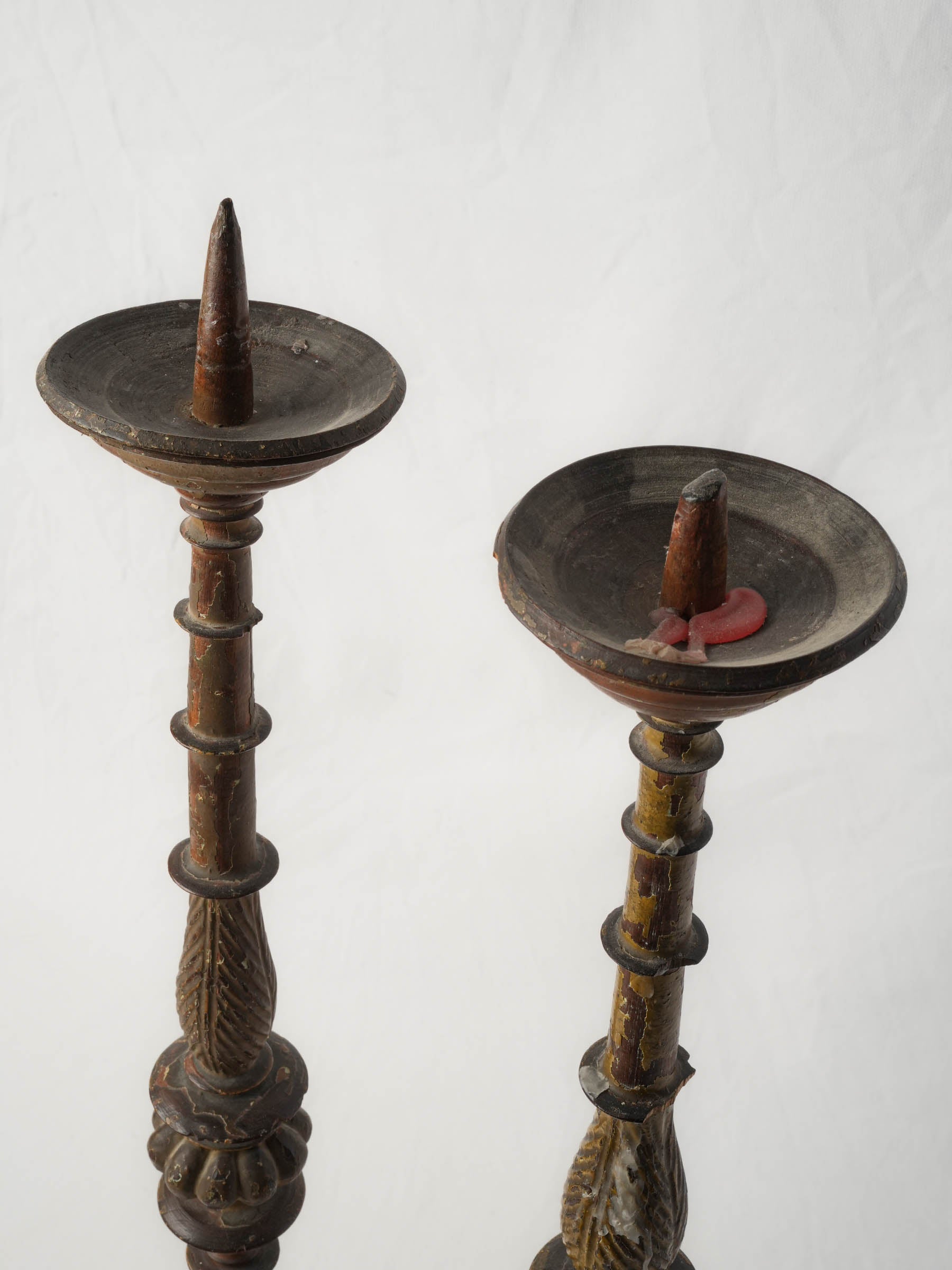Pair of Tall Antique Painted Wood Pricket Candlesticks - 27¼"