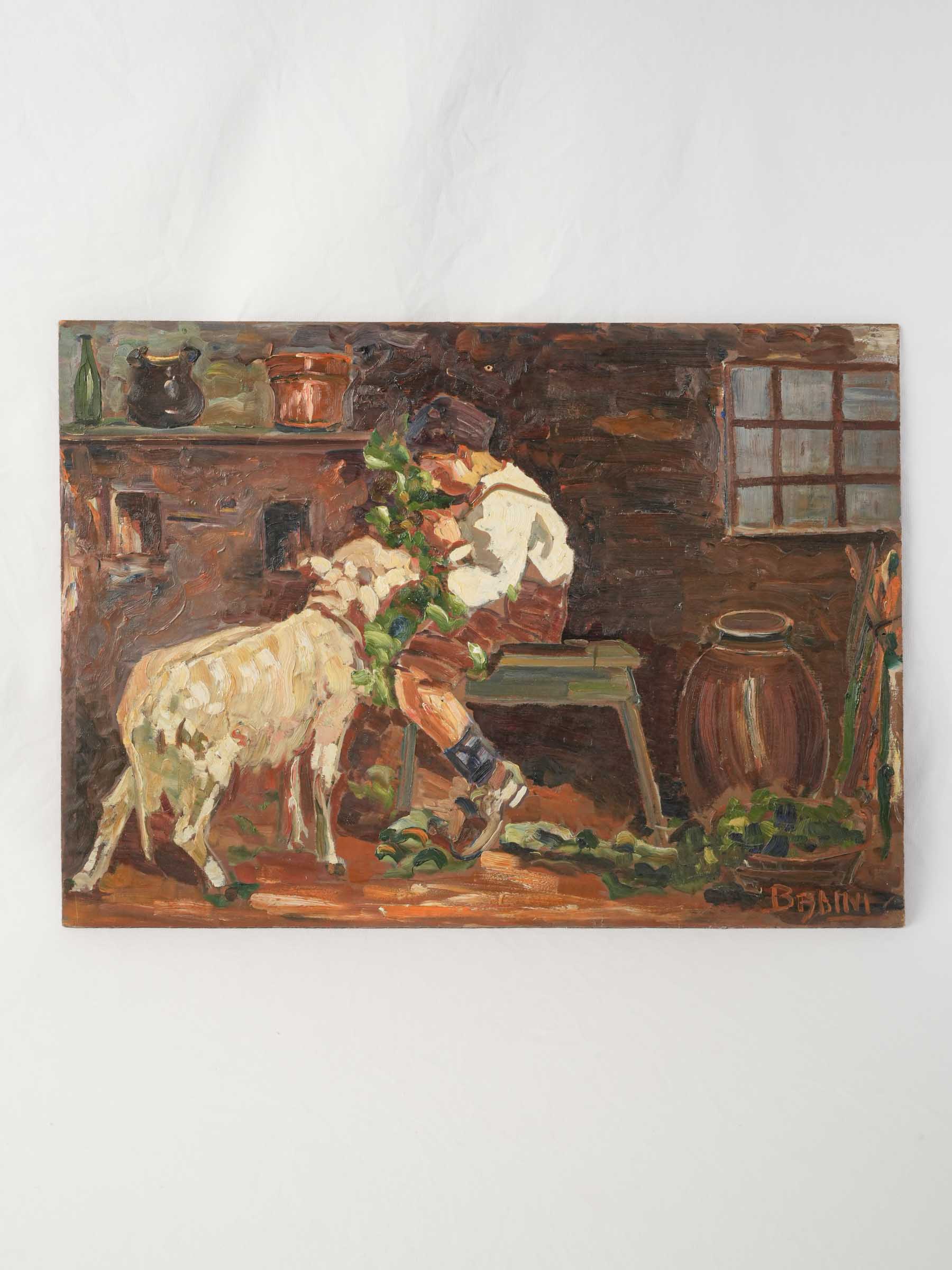 Small Unframed Pastoral Oil on Wood Panel w/ Boy and Sheep, Mid-20th Century - 19¾" x 27½"