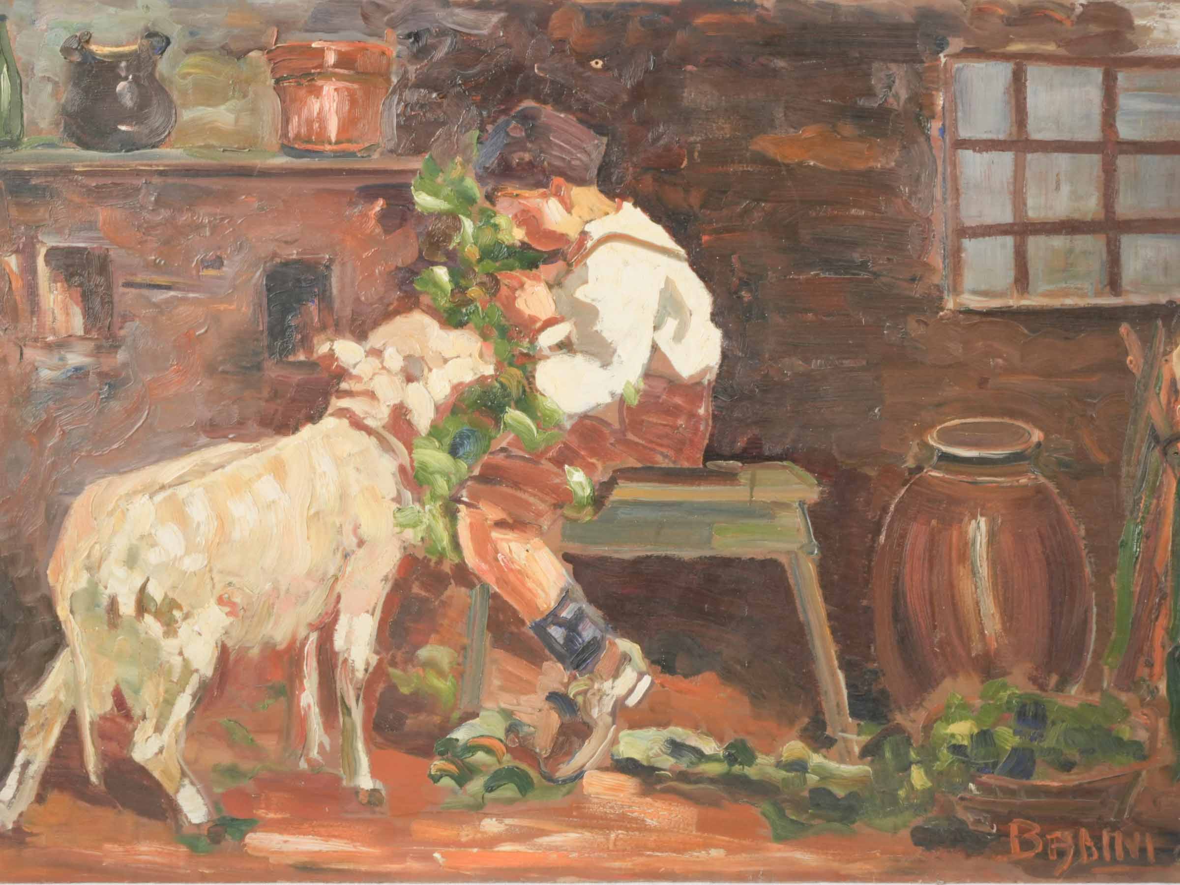 Small Unframed Pastoral Oil on Wood Panel w/ Boy and Sheep, Mid-20th Century - 19¾" x 27½"