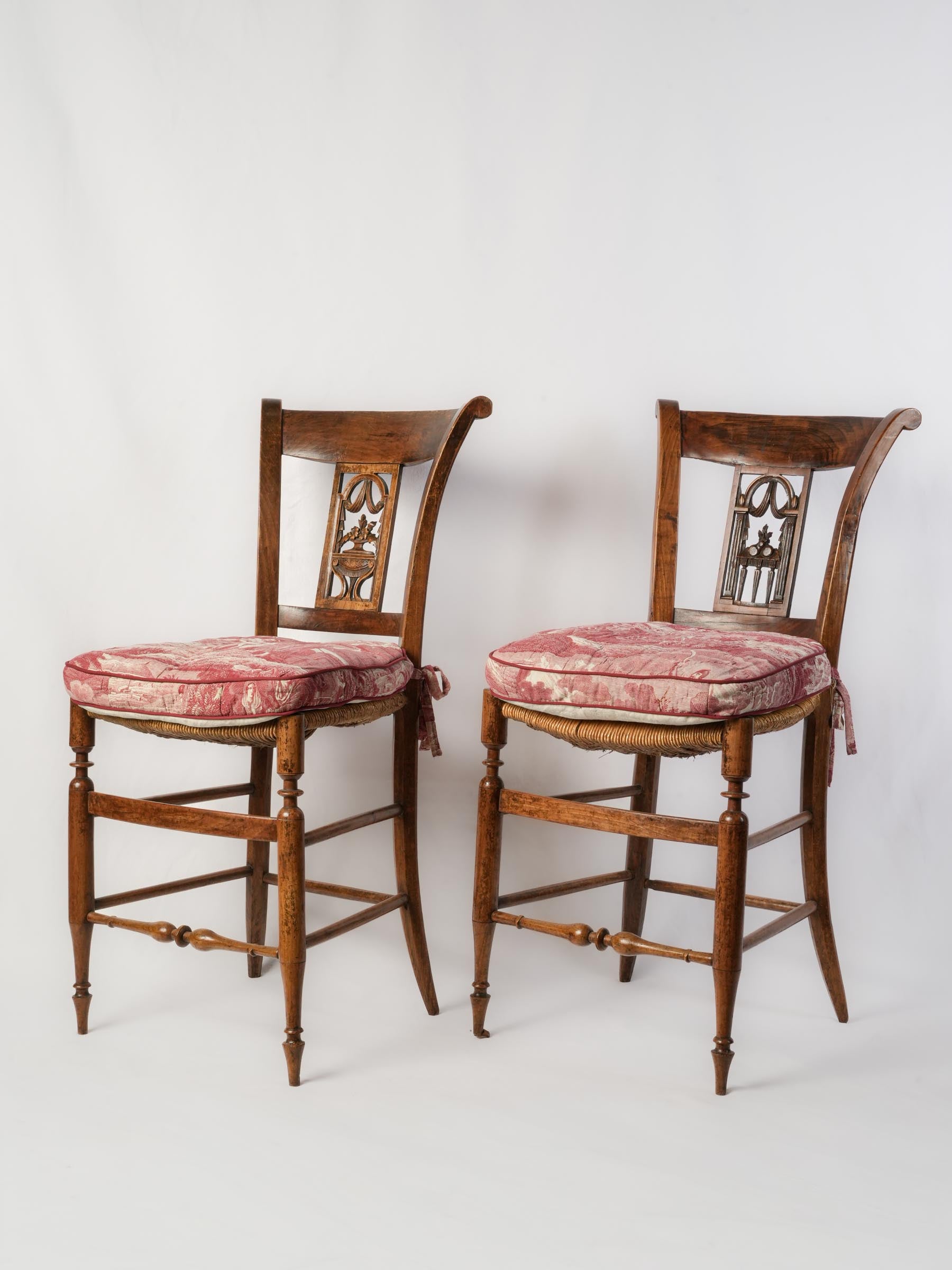 Pair of Provençal Directoire Rush-Seated Chairs w/ Antique Toile Cushions - 34¾" x 16¼"