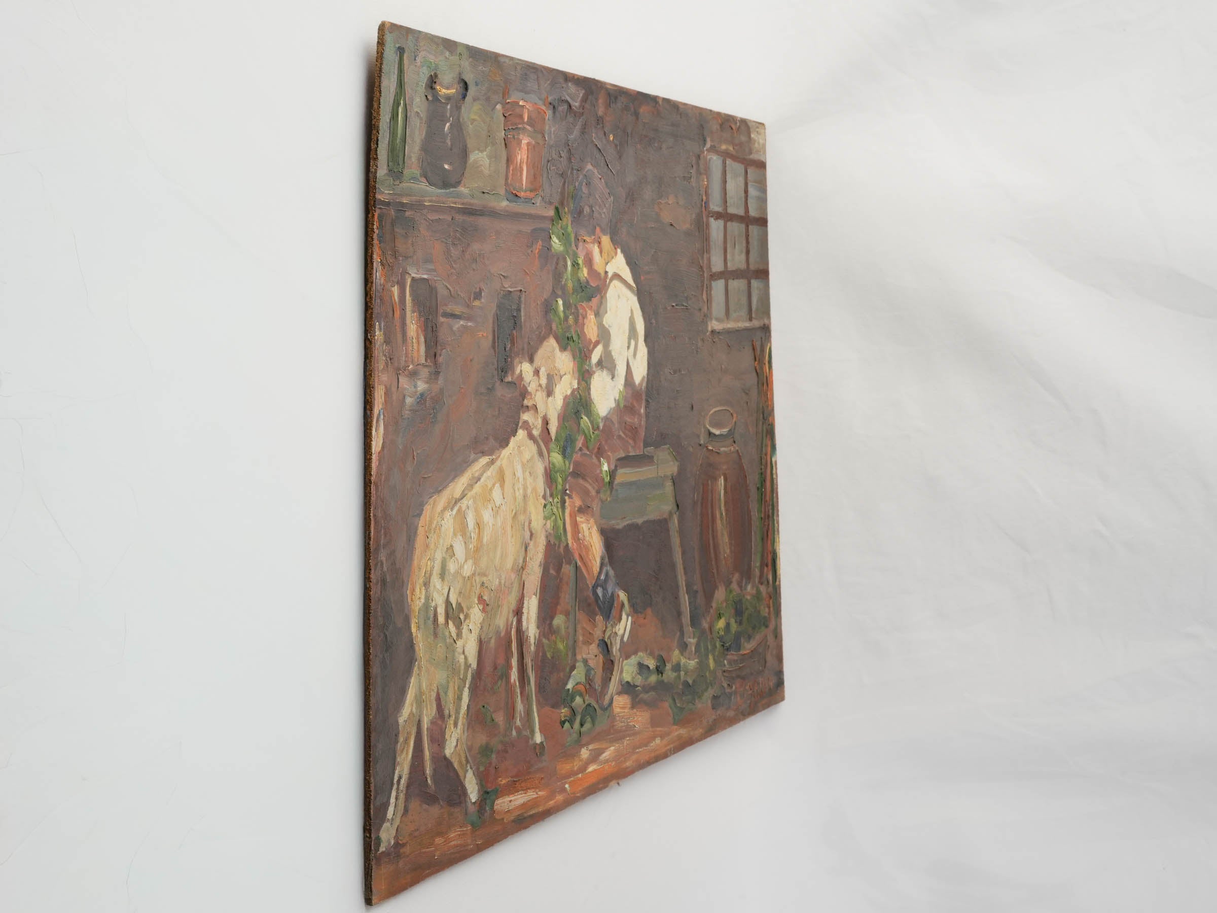 Small Unframed Pastoral Oil on Wood Panel w/ Boy and Sheep, Mid-20th Century - 19¾" x 27½"