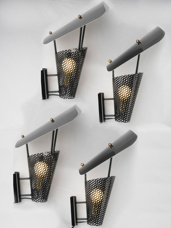 Vintage, French, Iconic, Black, Lacquered, Perforated, Metal Sconces