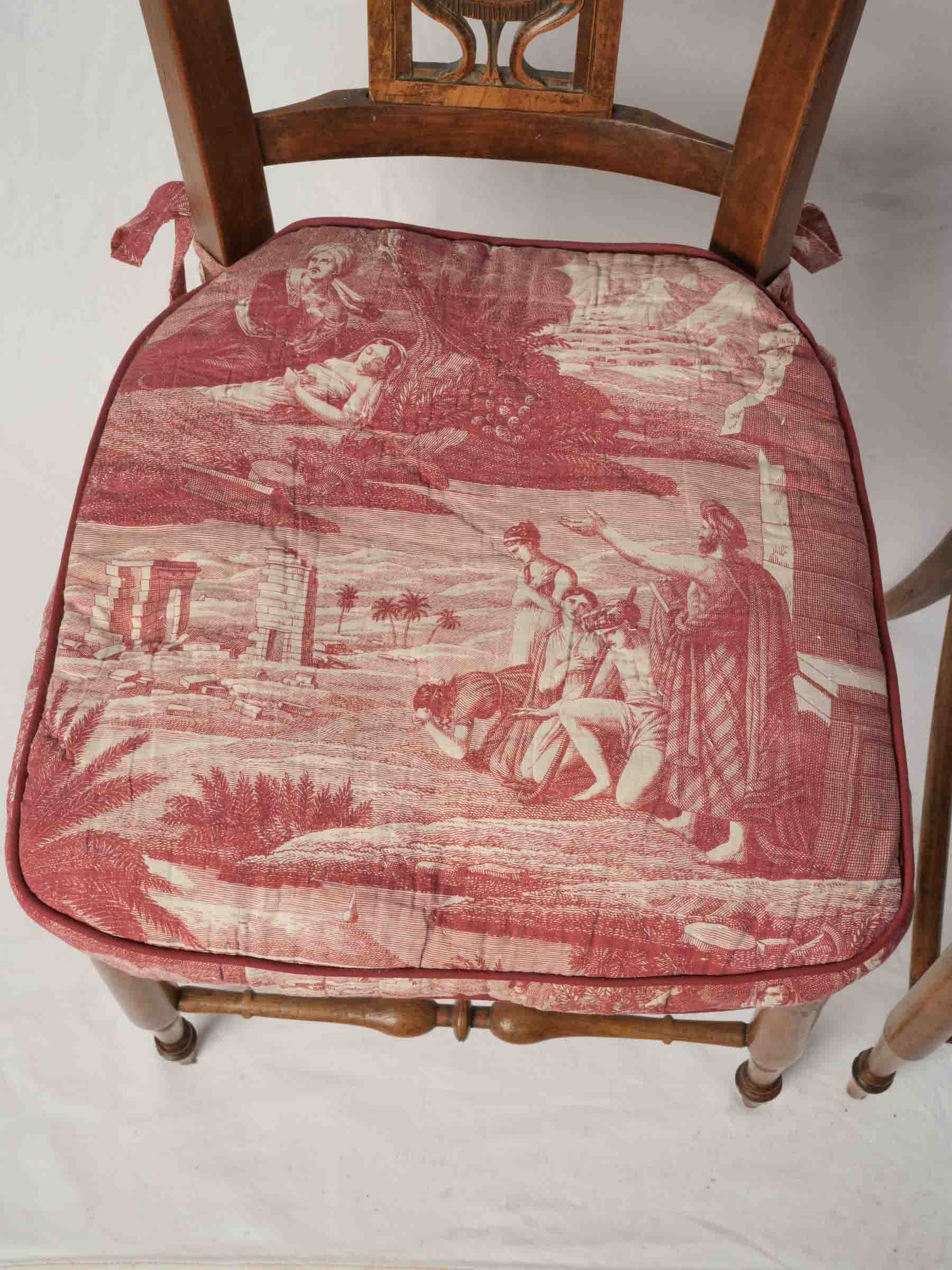 Pair of Provençal Directoire Rush-Seated Chairs w/ Antique Toile Cushions - 34¾" x 16¼"