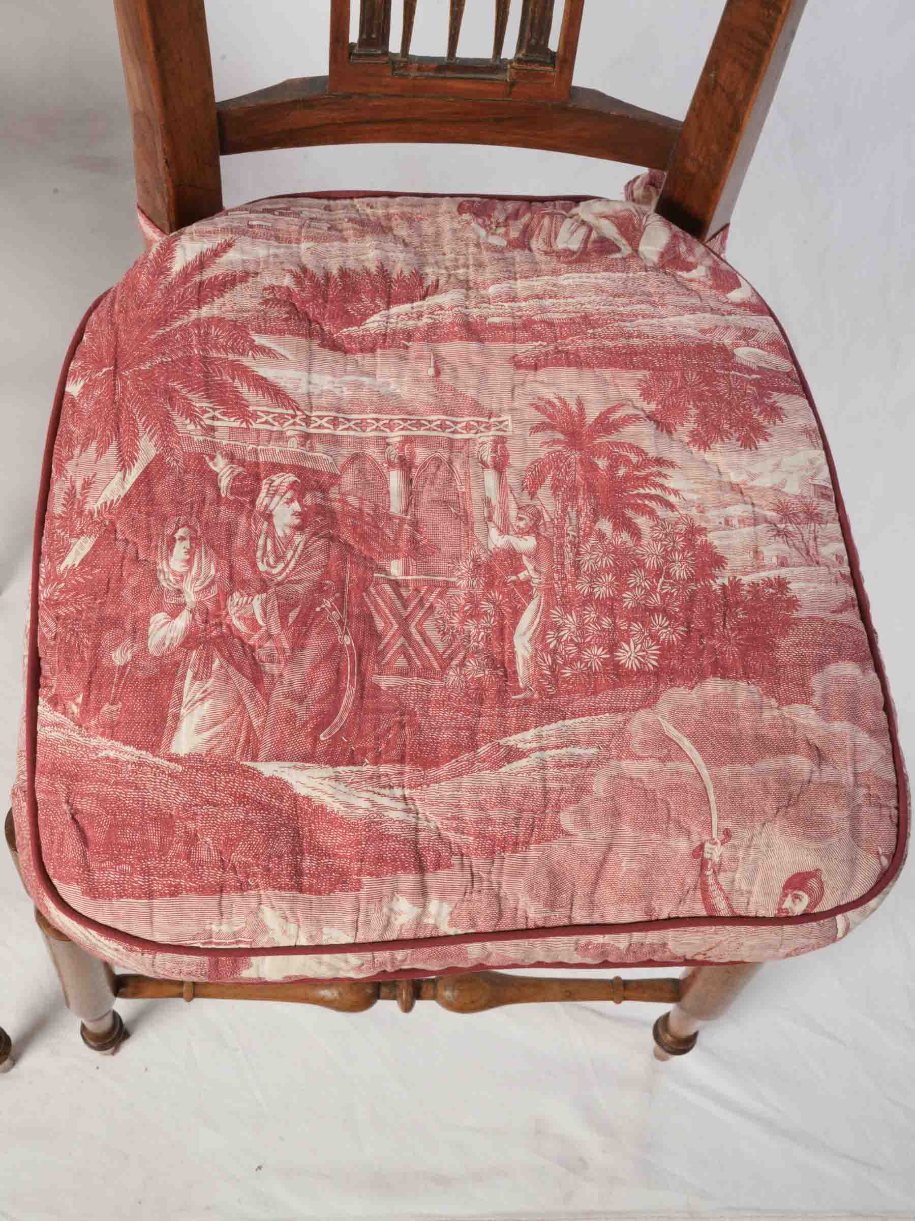 Pair of Provençal Directoire Rush-Seated Chairs w/ Antique Toile Cushions - 34¾" x 16¼"
