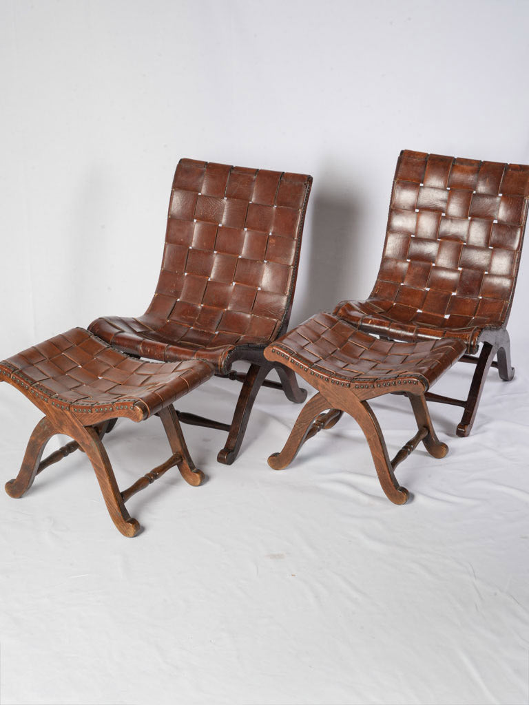 Pair Of Leather Lounge Chairs W/ Matching Ottomans By Pierre Lottier For Valenti c.1950