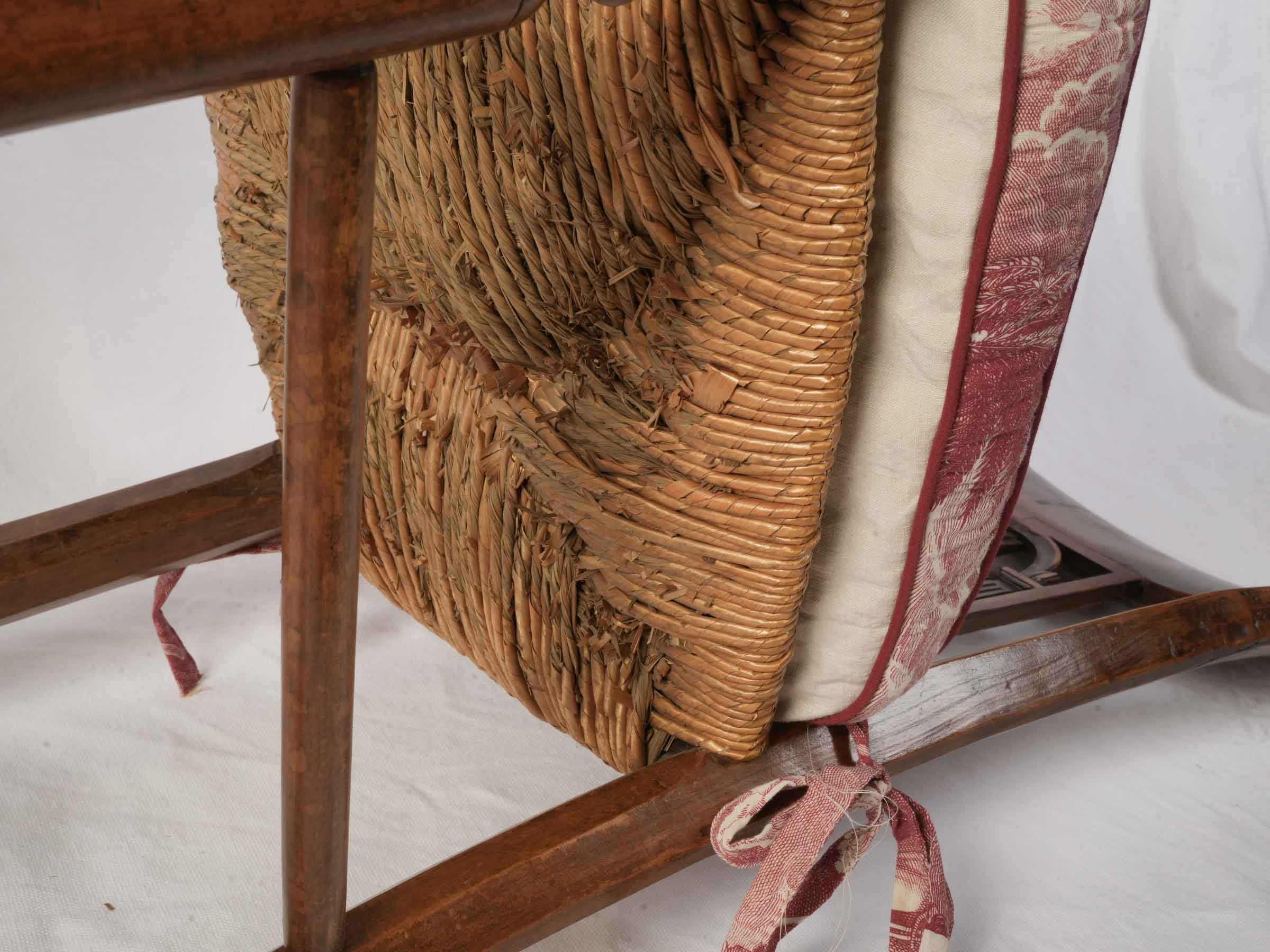 Pair of Provençal Directoire Rush-Seated Chairs w/ Antique Toile Cushions - 34¾" x 16¼"