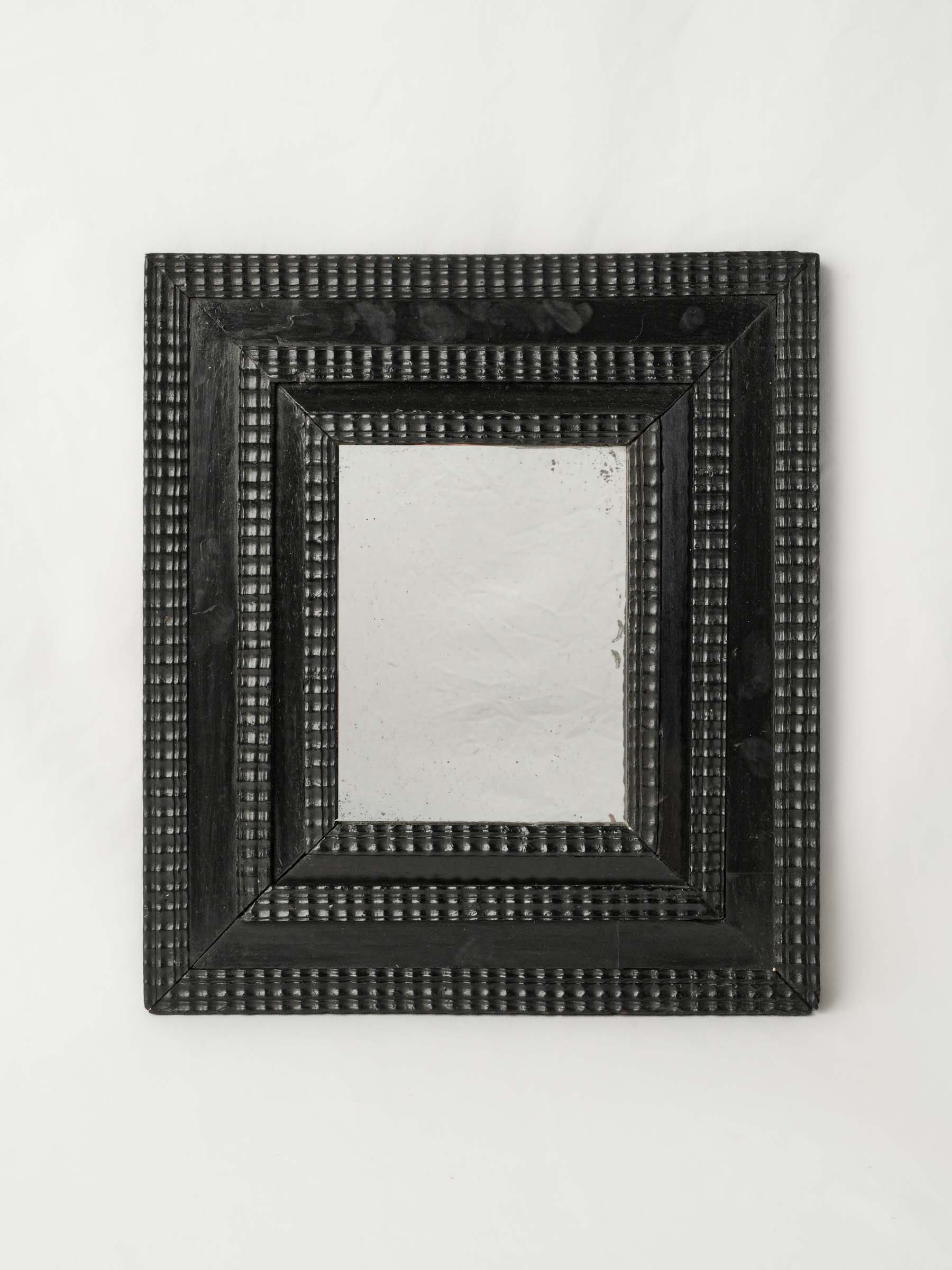 Small French Ebonized Guilloché Mirror w/ Foxed Mercury Glass, 17th Century - 17" x 15"