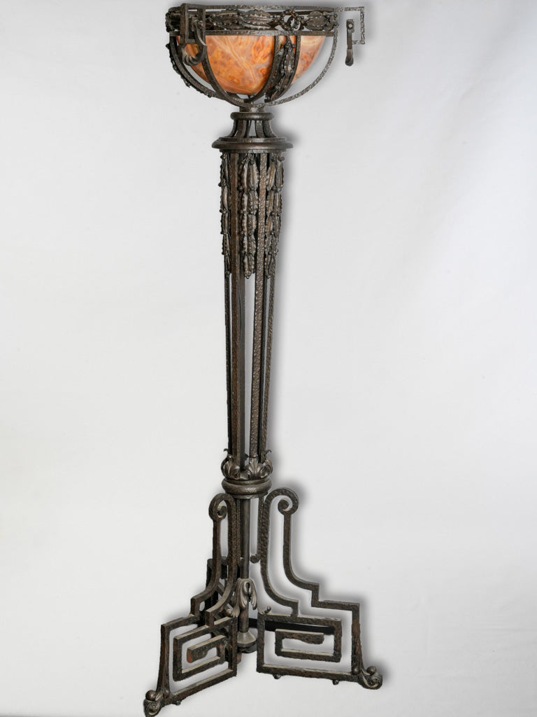 French Wrought Iron Floor Lamp w/ Alabaster Shade In The Style Of Edgar Brandt Circa 1920s - 71¼"