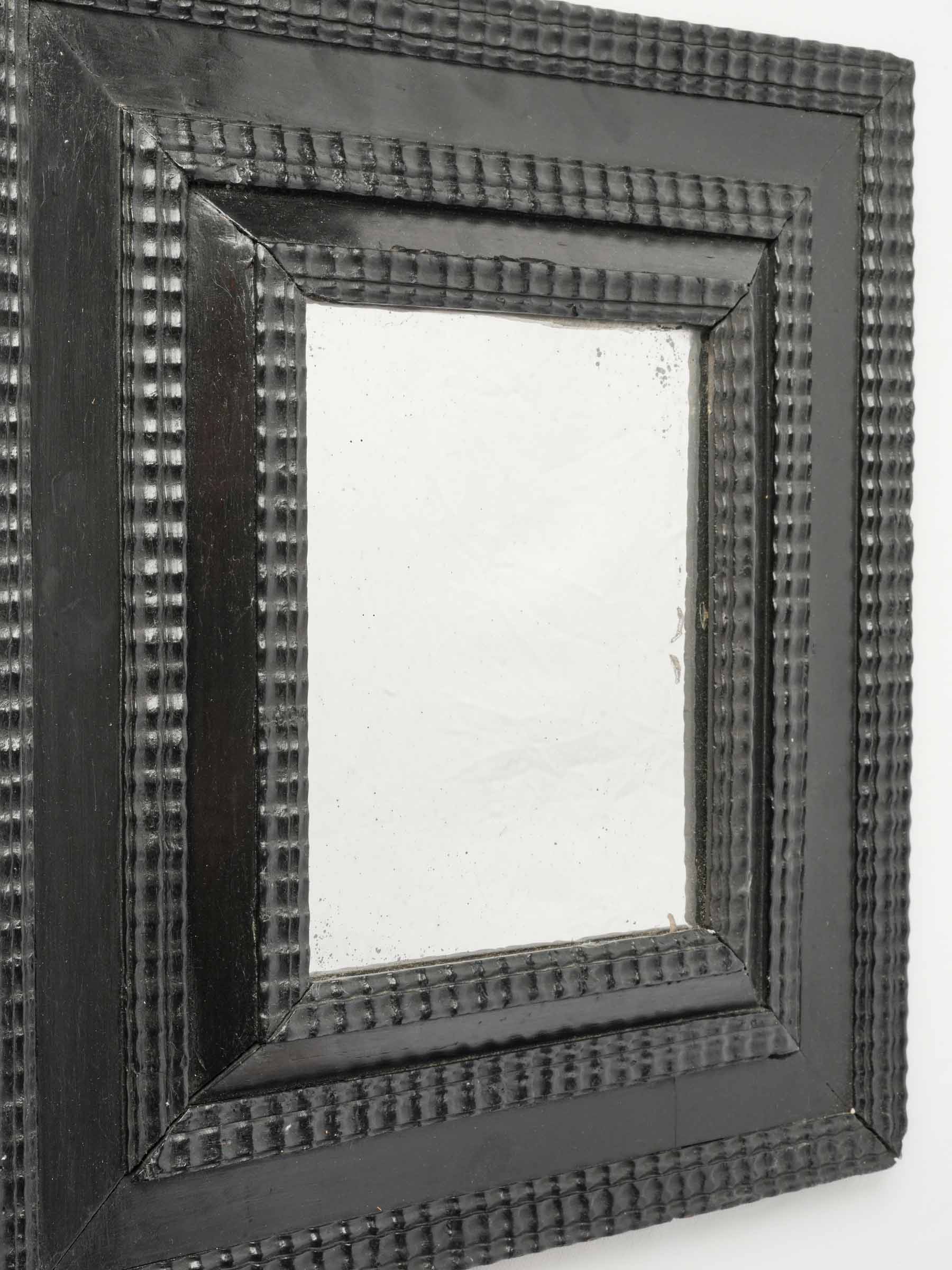 Small French Ebonized Guilloché Mirror w/ Foxed Mercury Glass, 17th Century - 17" x 15"