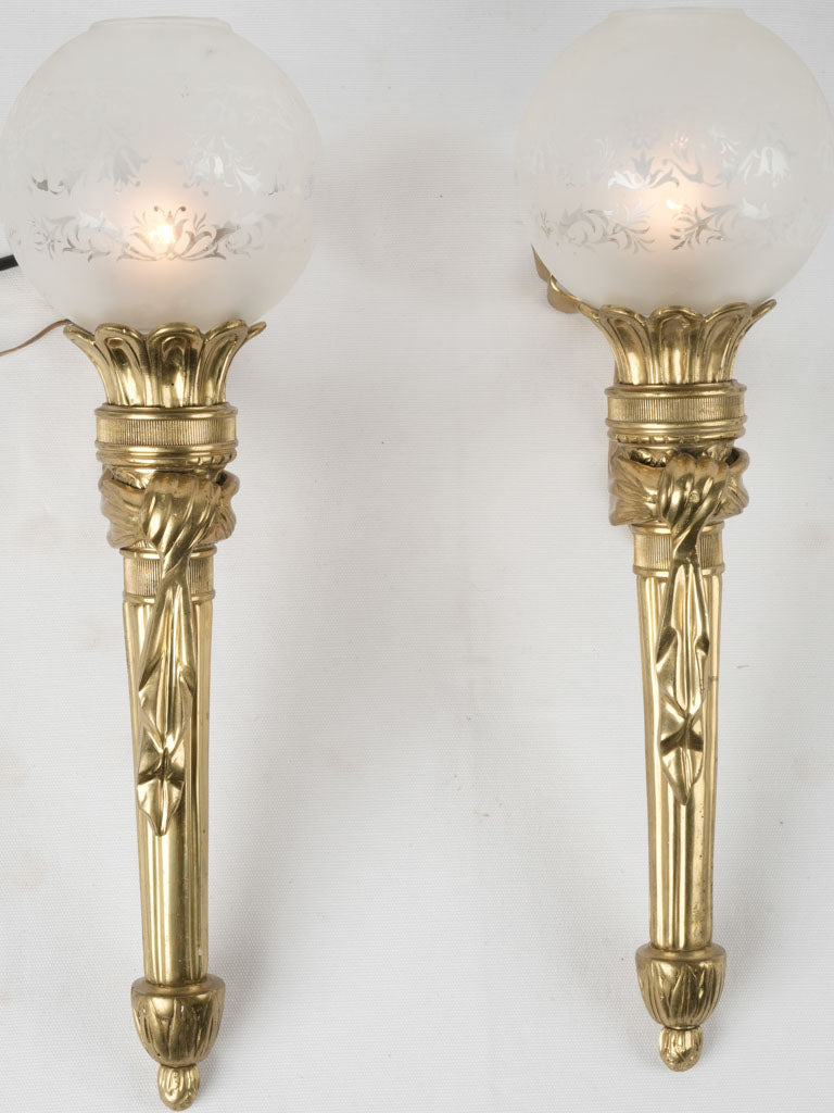 Vintage frosted globes gilt bronze sconces