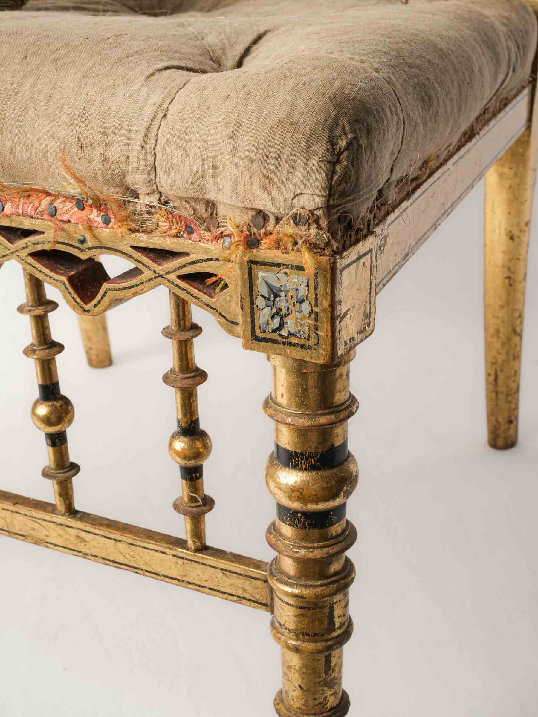 Napoleon III Polychrome and Giltwood Chauffeuse Low Chair, circa 1860 - 26" x 19"