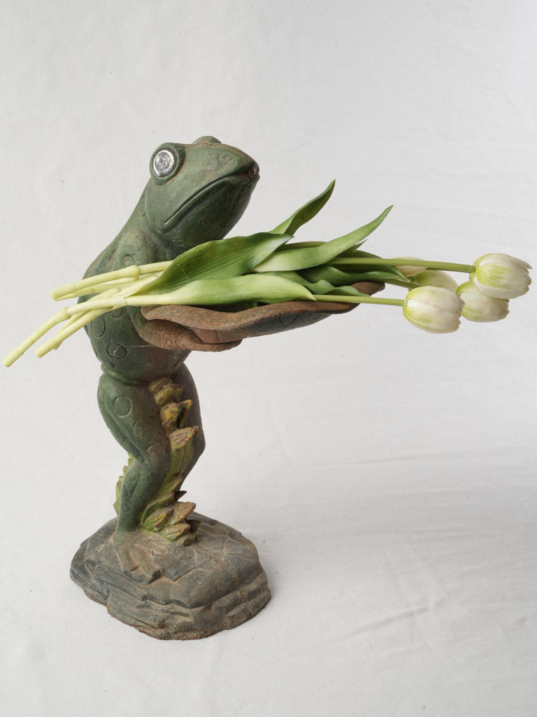 Endearing French 1960s Painted Cast Iron Frog Présentoir W/ Lily Pad Tray - 18"