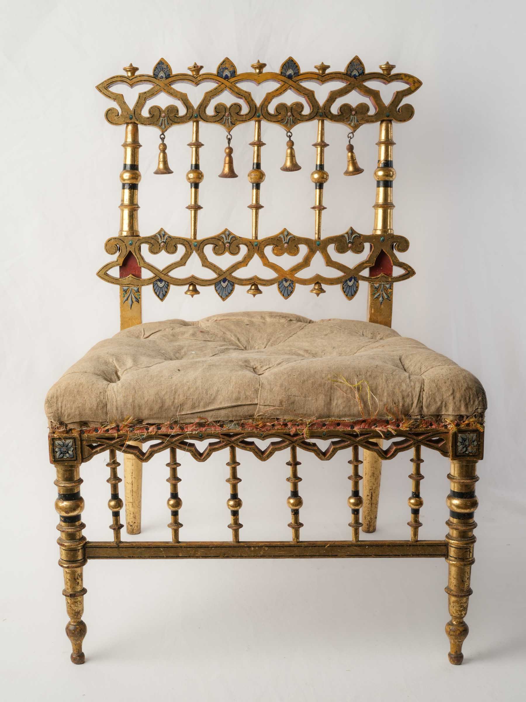 Napoleon III Polychrome and Giltwood Chauffeuse Low Chair, circa 1860 - 26" x 19"