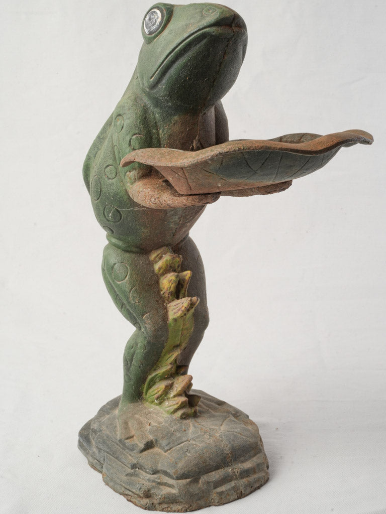 Endearing French 1960s Painted Cast Iron Frog Présentoir W/ Lily Pad Tray - 18"