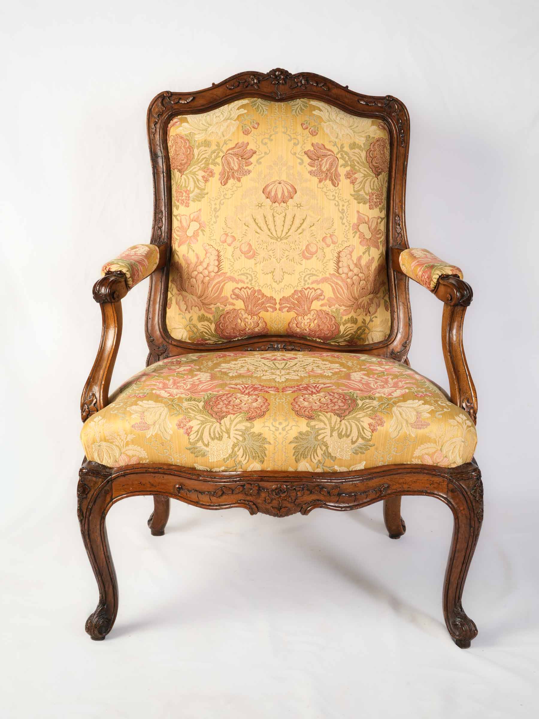 Louis XV Carved Walnut Armchair w/ Removable Upholstered Panels in a Beautiful Floral Damask - 41" x 28¼"