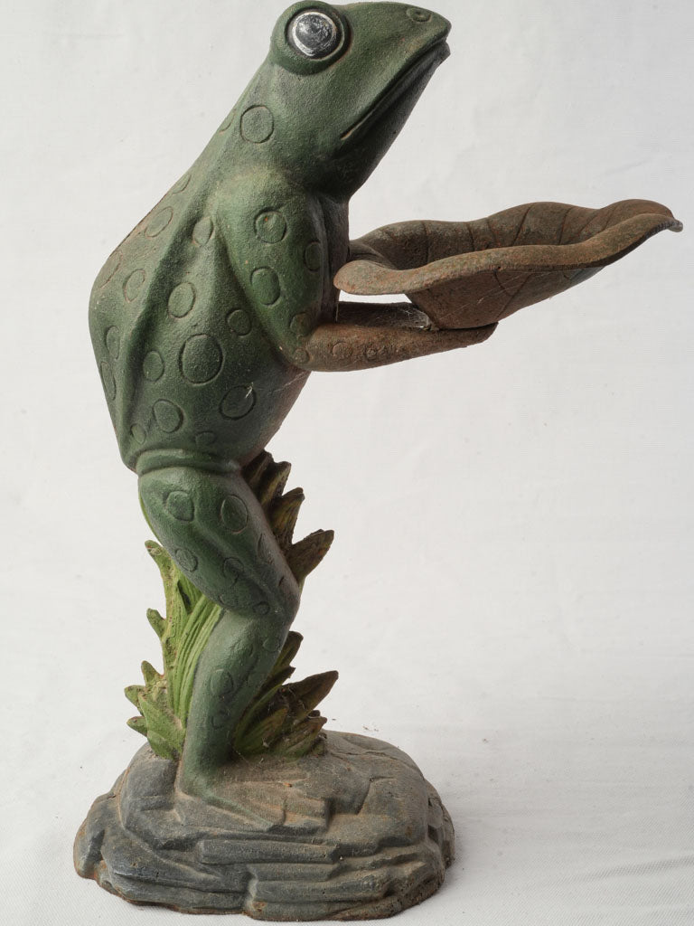 Endearing French 1960s Painted Cast Iron Frog Présentoir W/ Lily Pad Tray - 18"