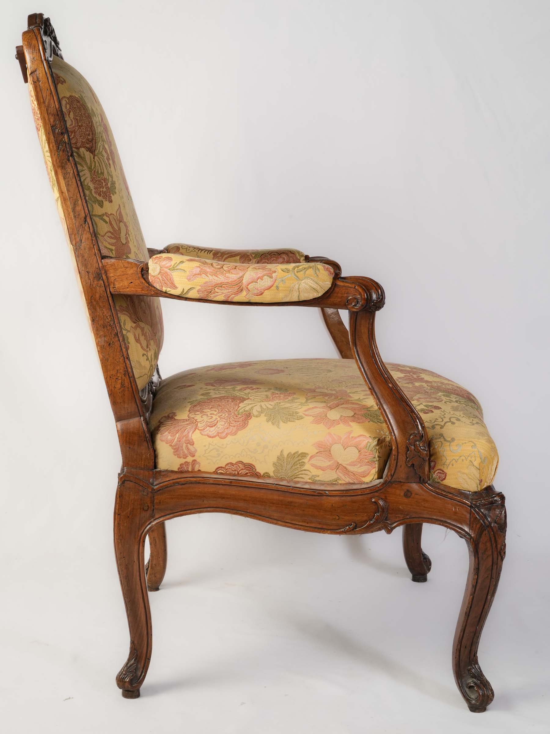 Louis XV Carved Walnut Armchair w/ Removable Upholstered Panels in a Beautiful Floral Damask - 41" x 28¼"