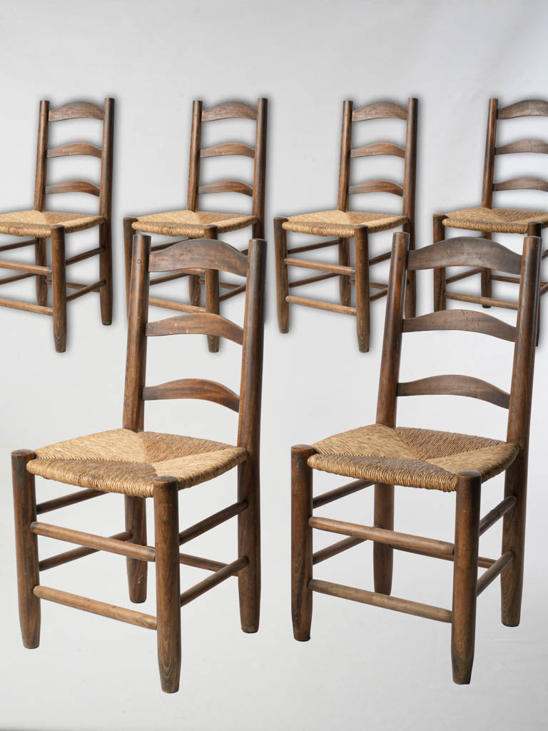 Set Of 6 Early 20th-Century French Rustic Woven Chairs With Rush Seats