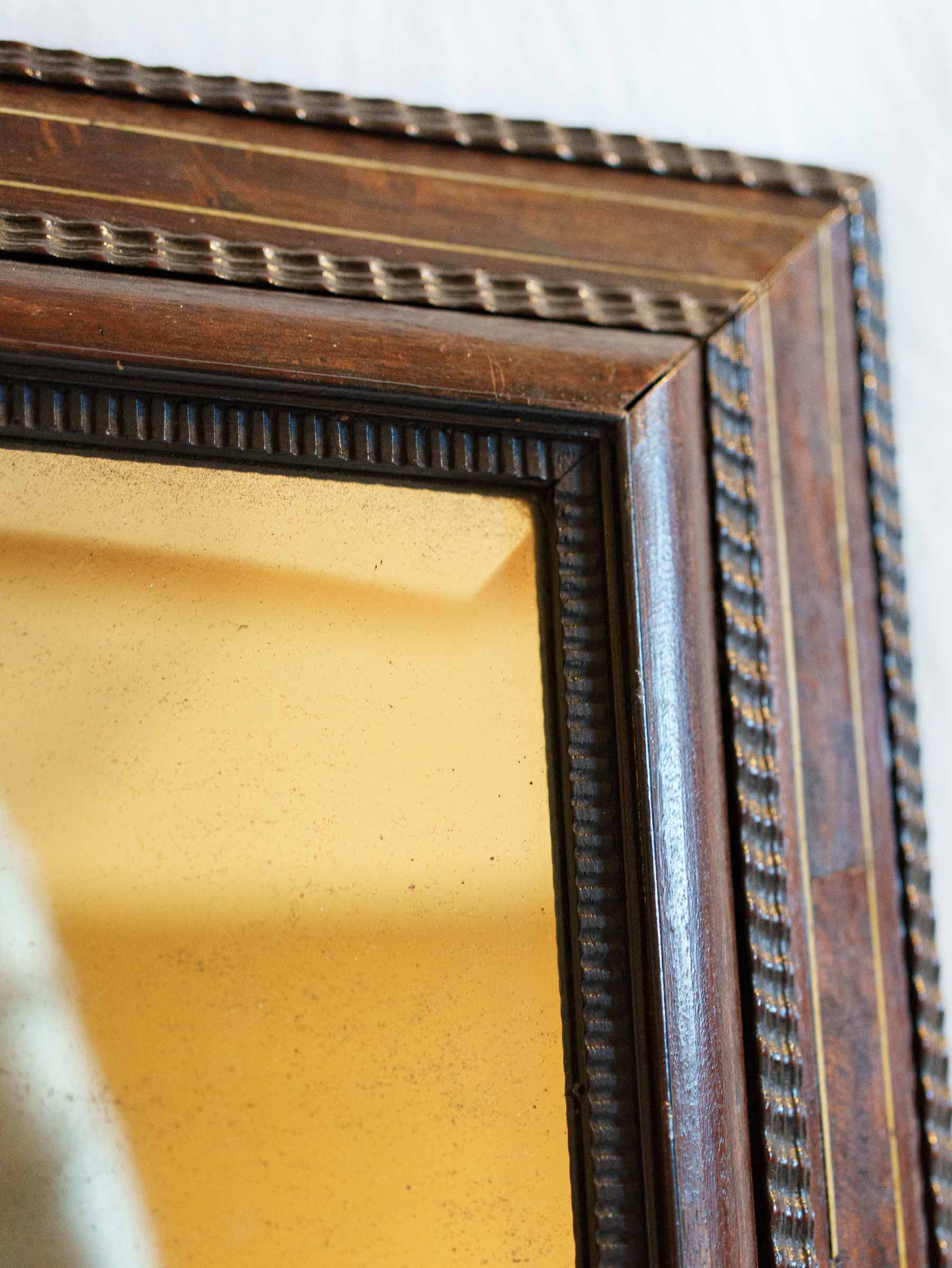 Antique Dutch Walnut and Ebonized Cushion-Frame Mirror w/ Mercury Glass - 24¾" x 21¼"