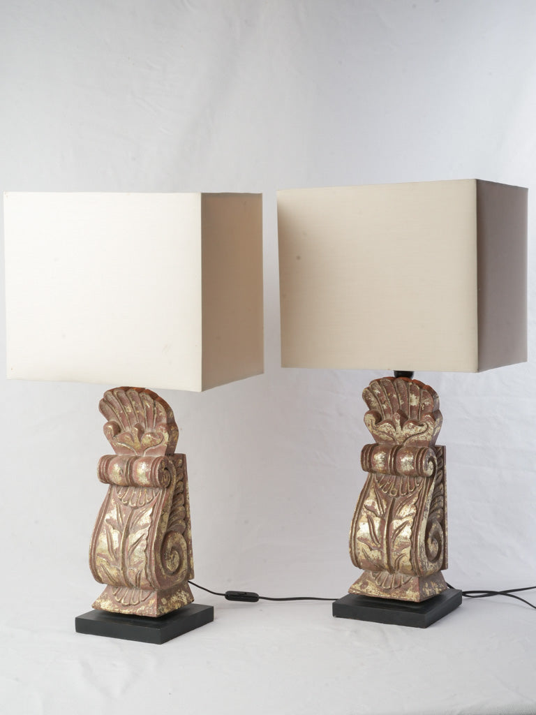 Pair of French Gilt Bosierie Table Lamps W/ Square Shades Circa 1970s - 28¾"