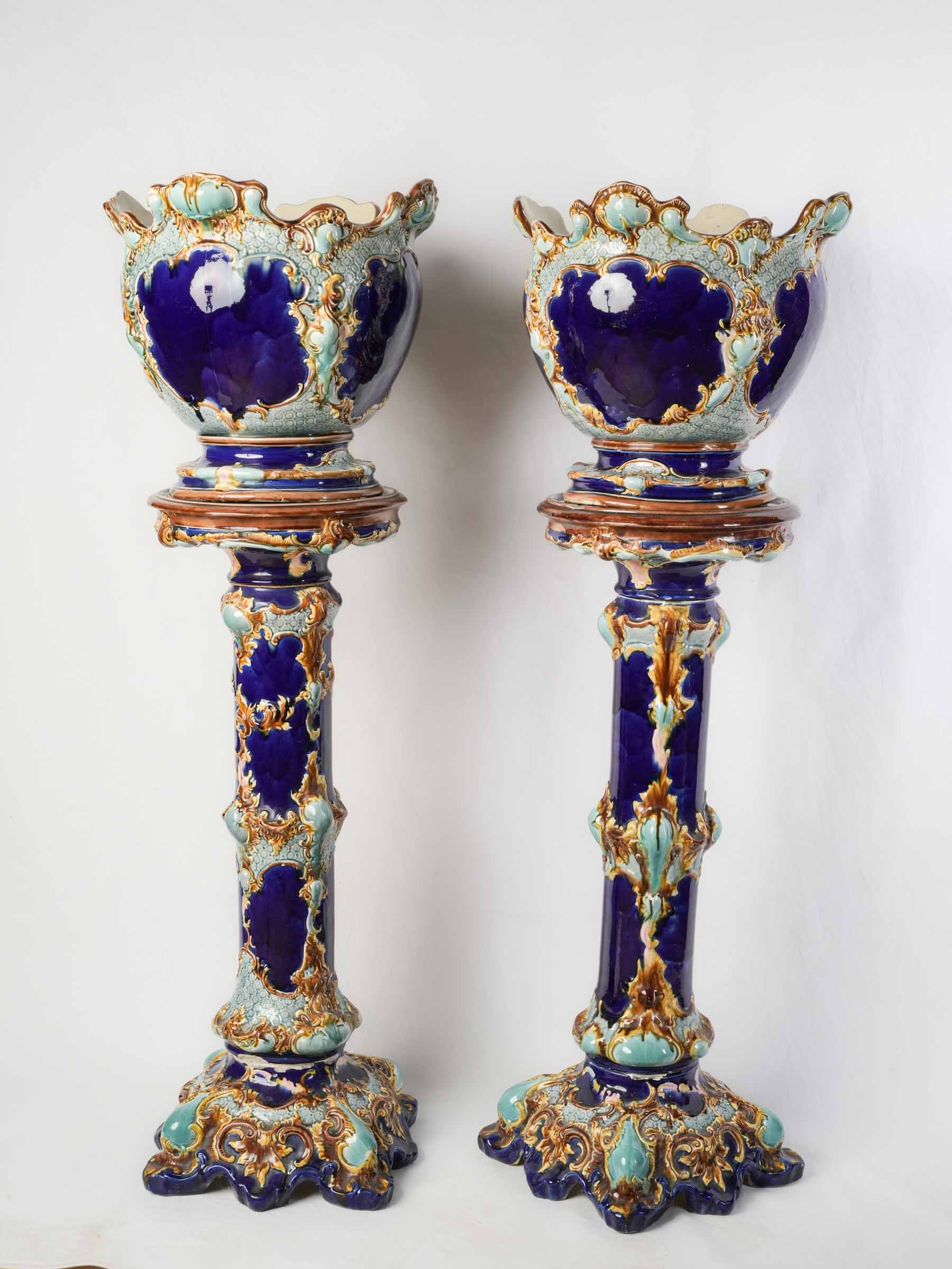 Pair of English Majolica Jardinières on Pedestals, Mid-19th Century - 49¼"