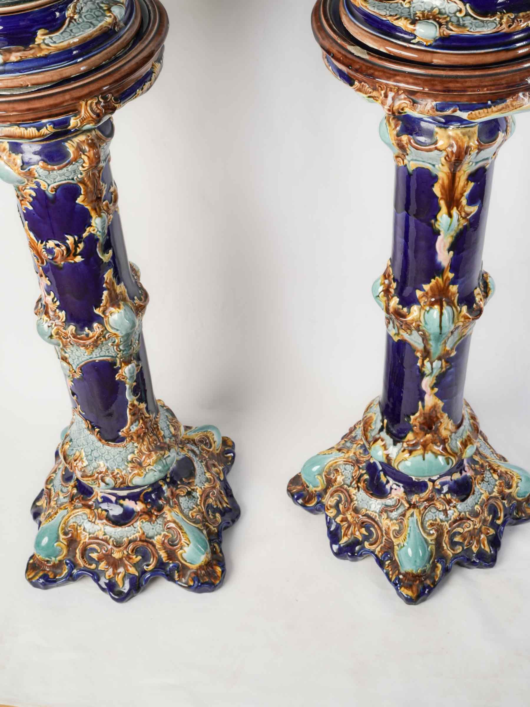 Pair of English Majolica Jardinières on Pedestals, Mid-19th Century - 49¼"