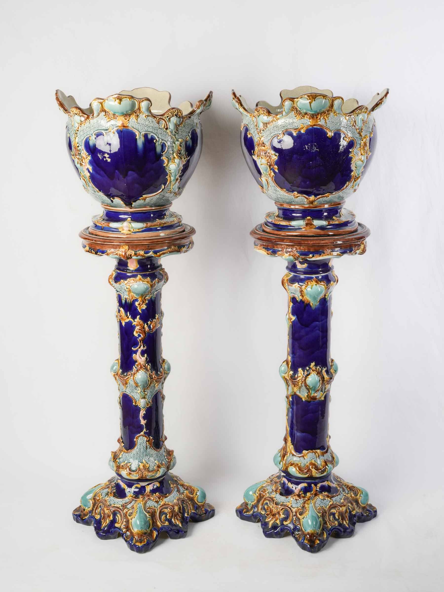Pair of English Majolica Jardinières on Pedestals, Mid-19th Century - 49¼"