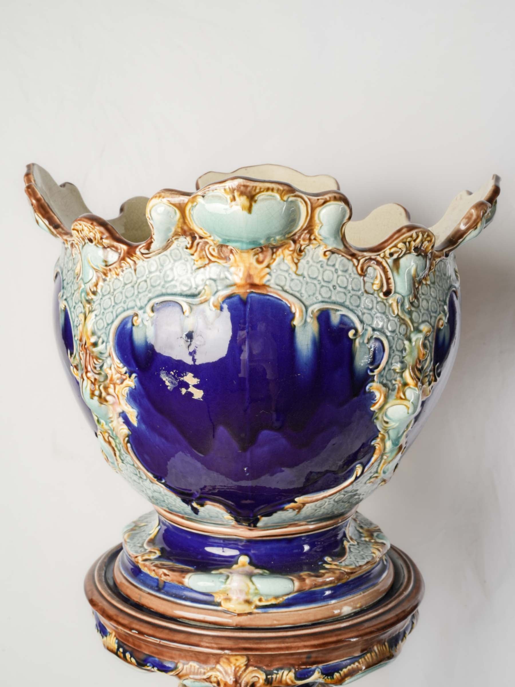 Pair of English Majolica Jardinières on Pedestals, Mid-19th Century - 49¼"