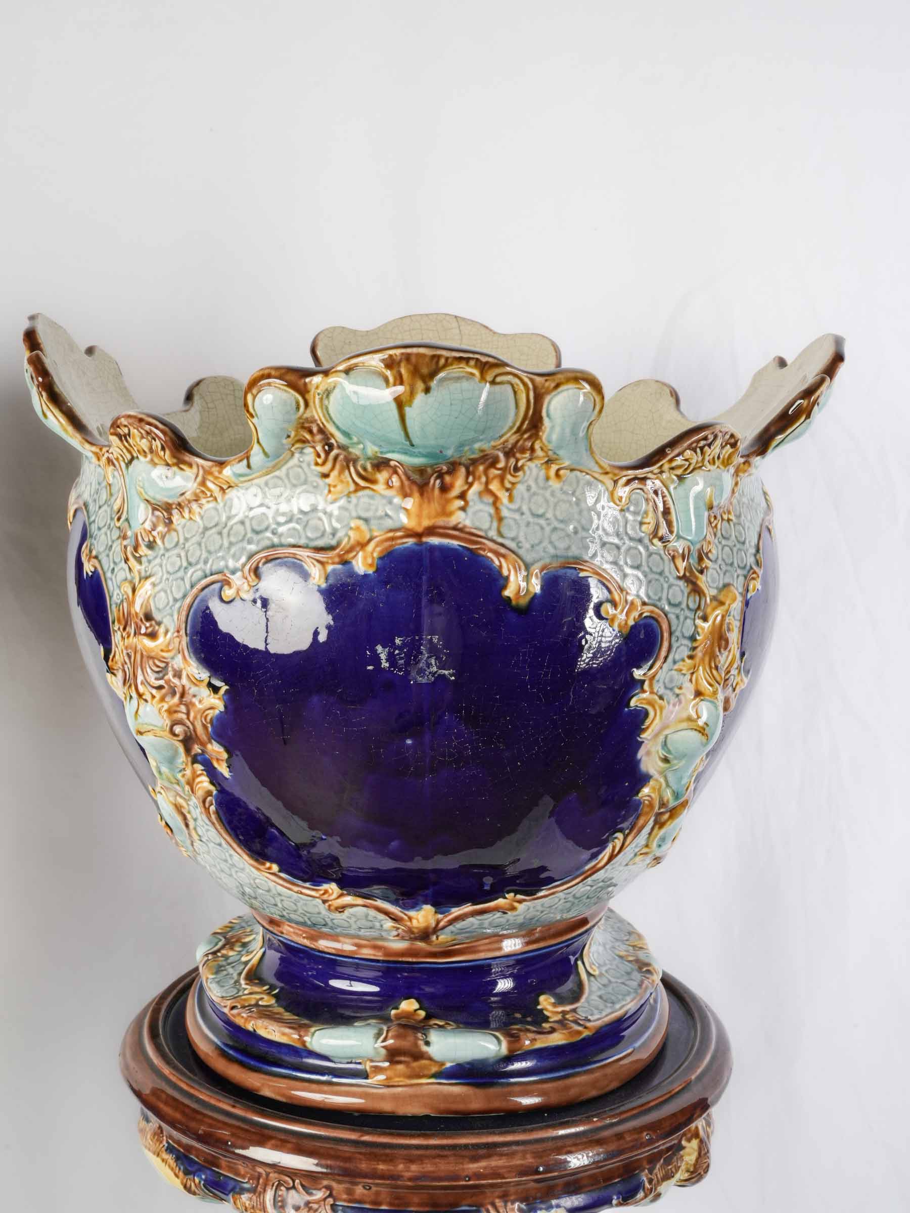 Pair of English Majolica Jardinières on Pedestals, Mid-19th Century - 49¼"