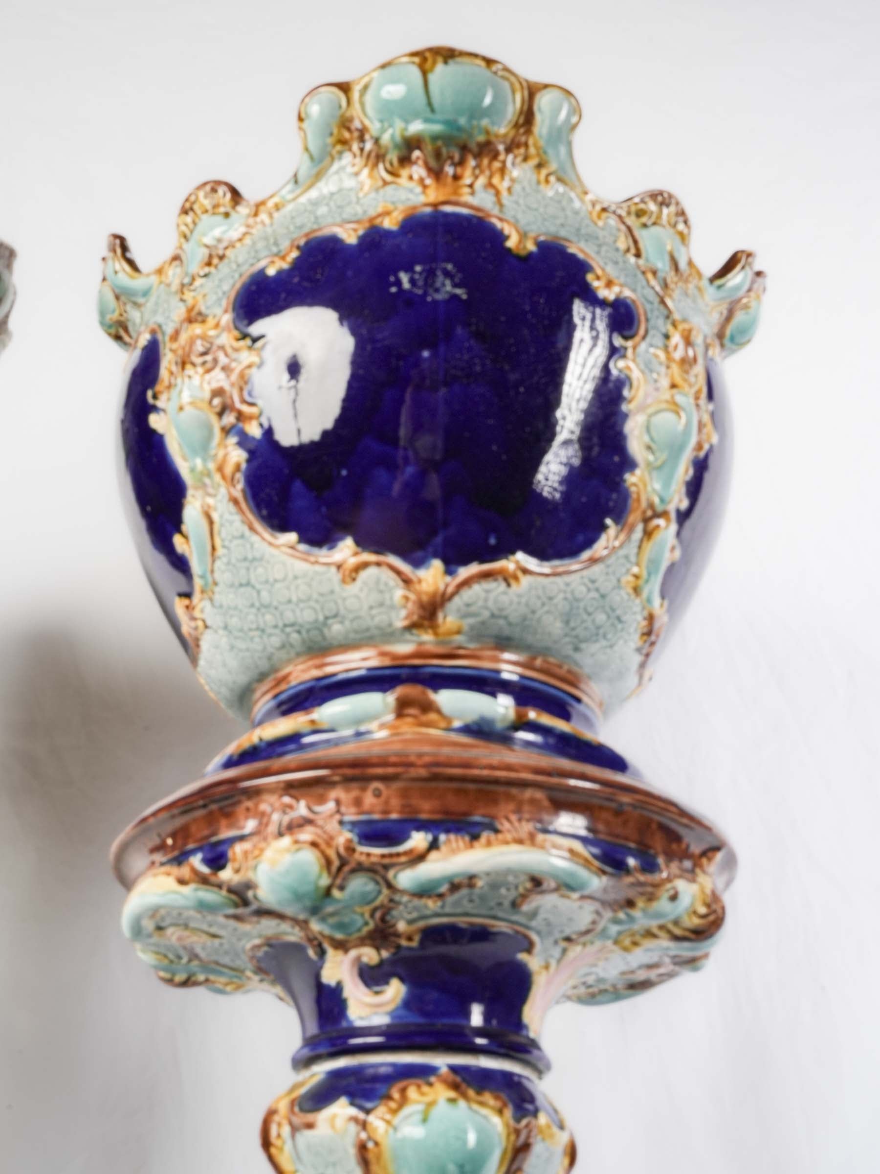 Pair of English Majolica Jardinières on Pedestals, Mid-19th Century - 49¼"