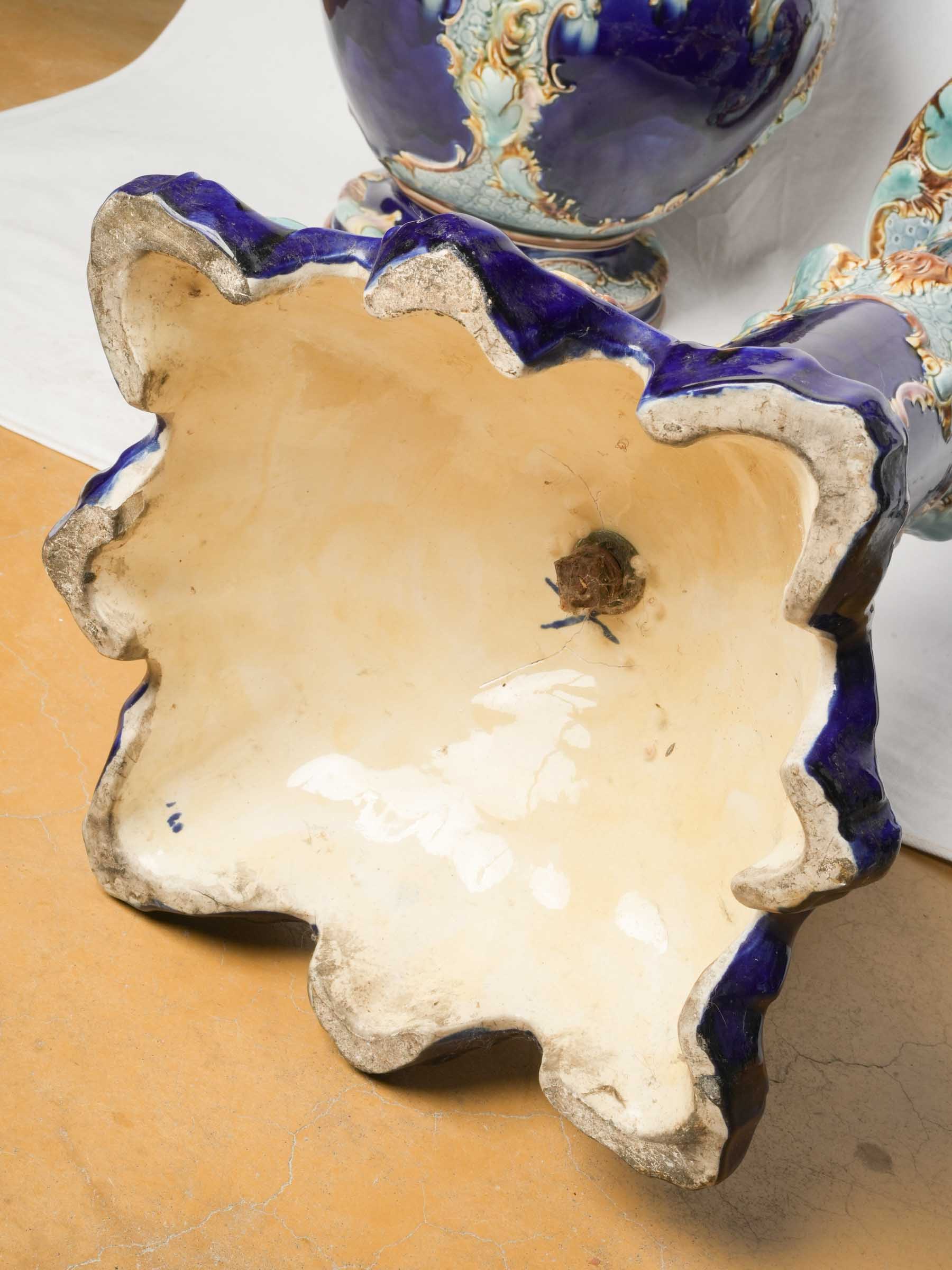 Pair of English Majolica Jardinières on Pedestals, Mid-19th Century - 49¼"