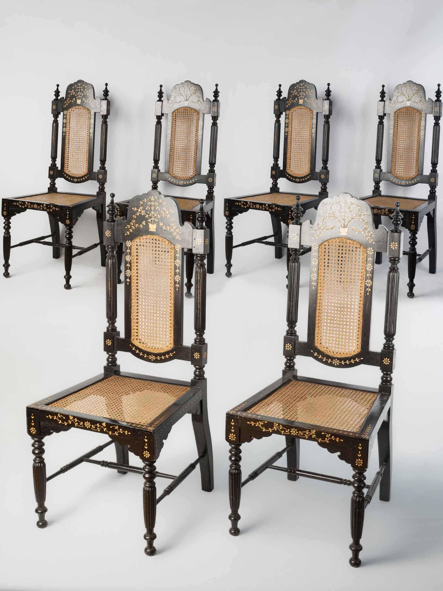 Set of Six Indo-Portuguese Ebonized Wood and Inlaid Cane Chairs, circa 1900