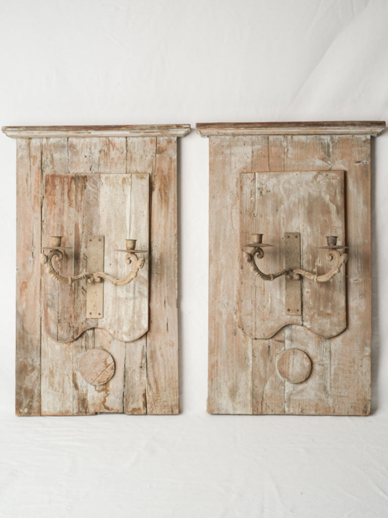 Pair of French Rustic Wall Panels W/ Iron Candle Sconces Circa 1970s - 28¼" x 18"