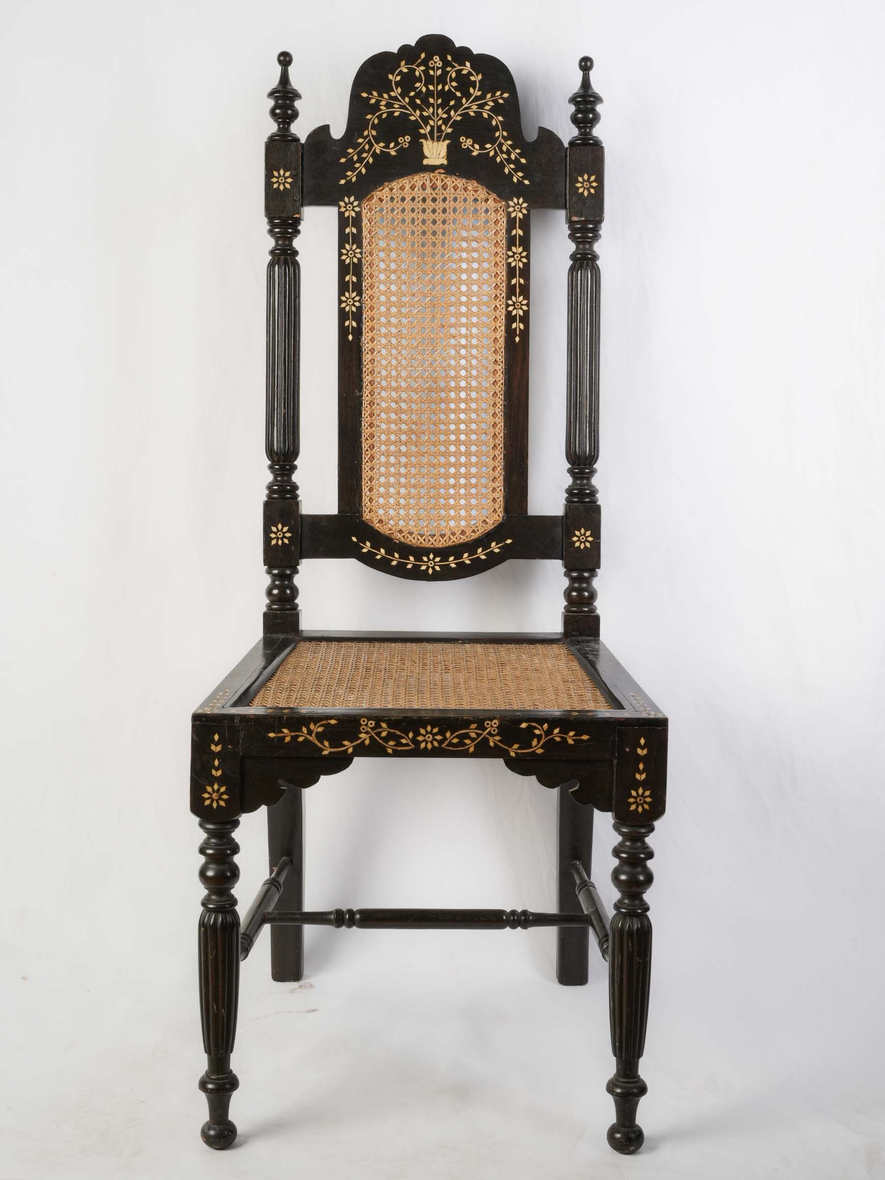Set of Six Indo-Portuguese Ebonized Wood and Inlaid Cane Chairs, circa 1900