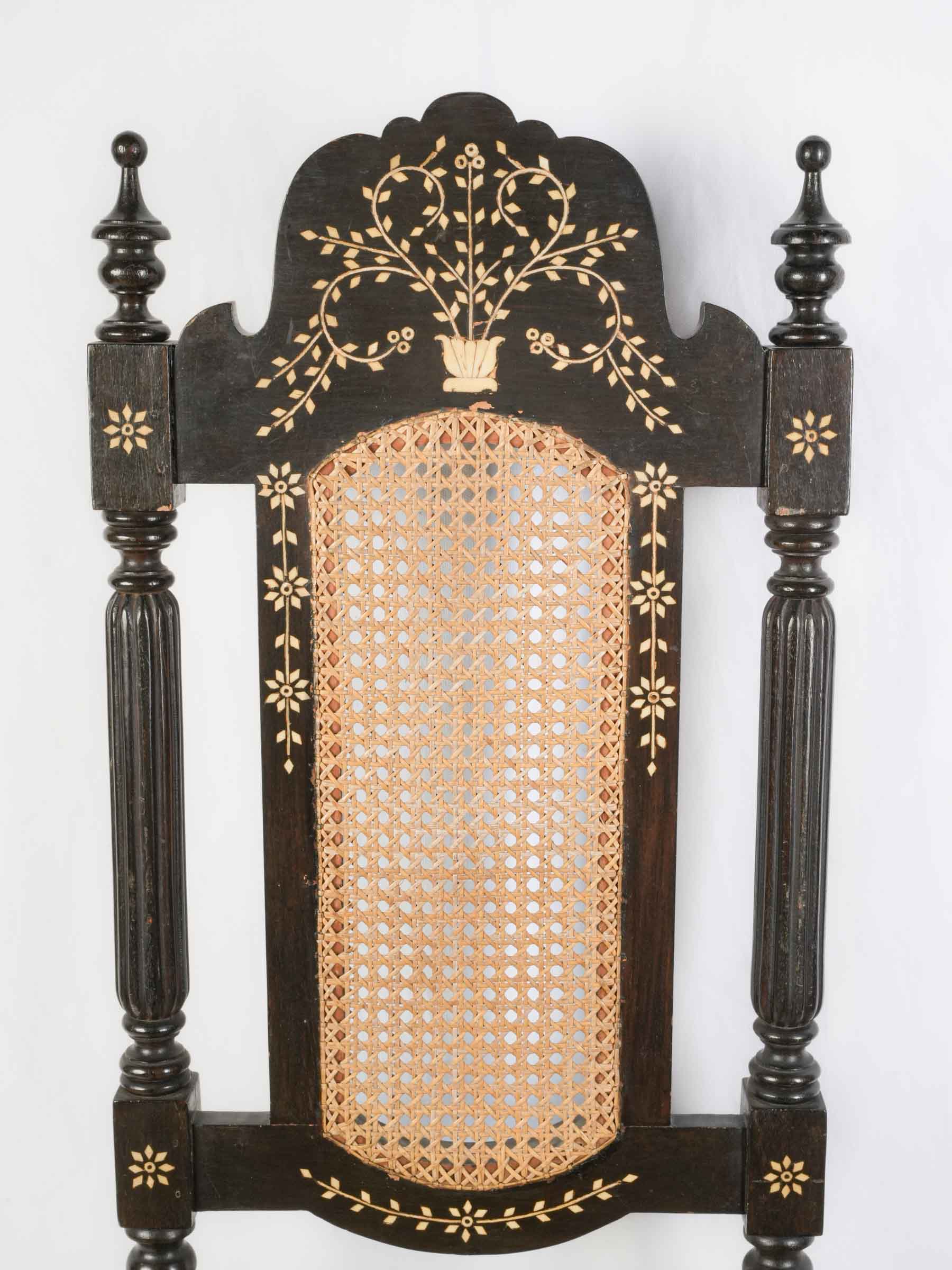 Set of Six Indo-Portuguese Ebonized Wood and Inlaid Cane Chairs, circa 1900